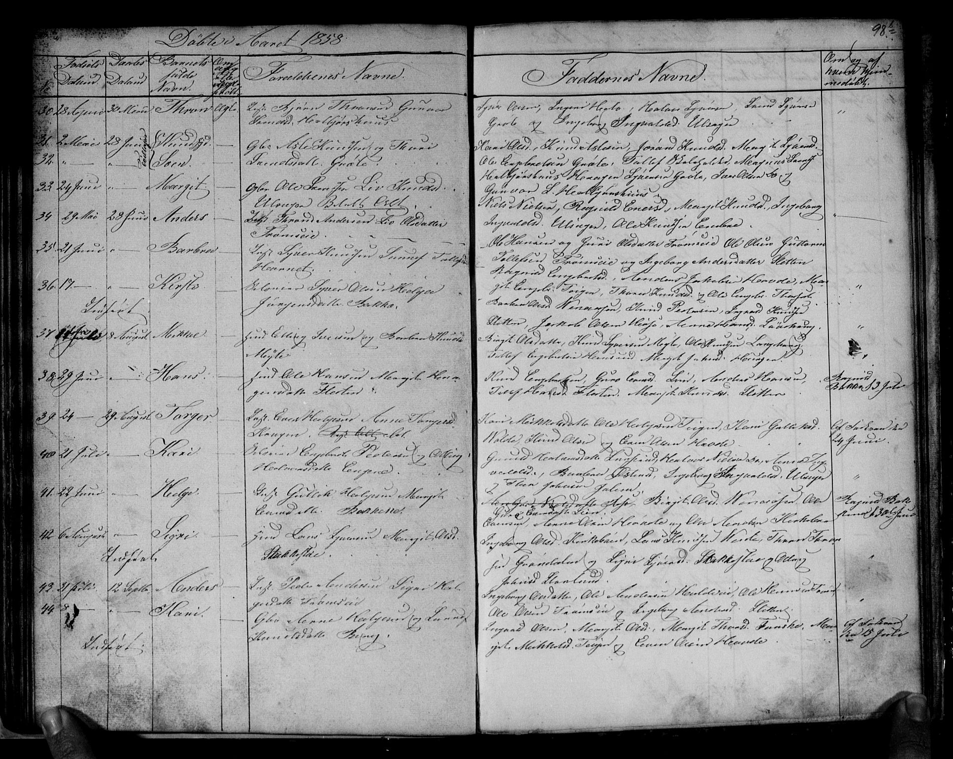 Gol kirkebøker, AV/SAKO-A-226/G/Gb/L0003: Klokkerbok nr. II 3, 1844-1858, s. 98a-98b