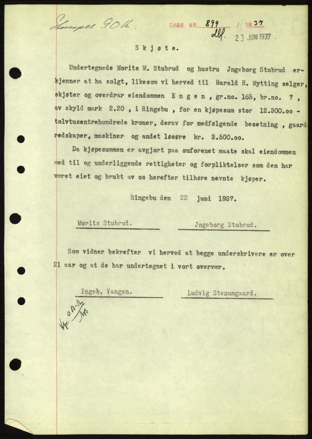 Sør-Gudbrandsdal tingrett, SAH/TING-004/H/Hb/Hbd/L0002: Pantebok nr. A2, 1936-1937, Dagboknr: 899/1937