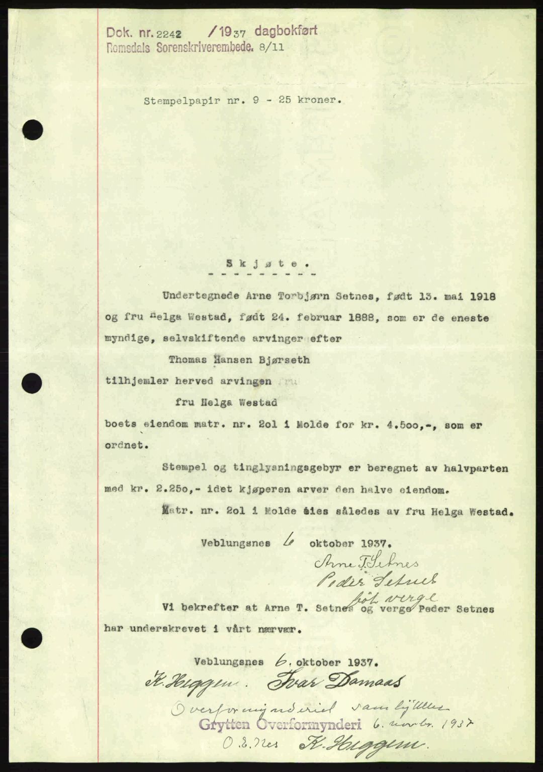 Romsdal sorenskriveri, AV/SAT-A-4149/1/2/2C: Pantebok nr. A4, 1937-1938, Dagboknr: 2242/1937