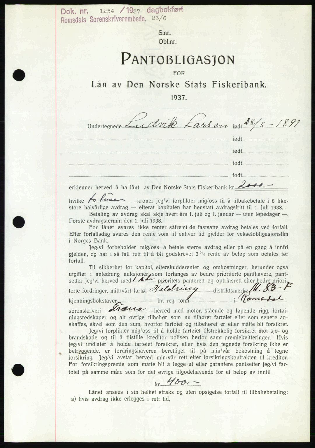 Romsdal sorenskriveri, SAT/A-4149/1/2/2C: Pantebok nr. B1, 1936-1939, Dagboknr: 1254/1937