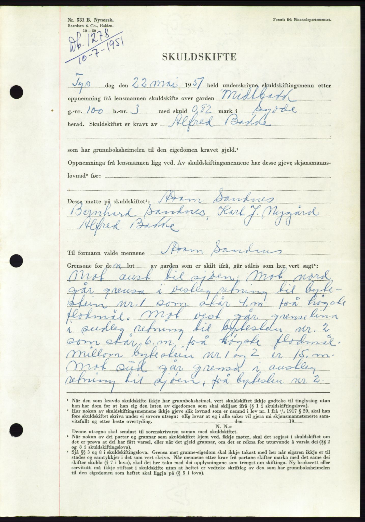 Søre Sunnmøre sorenskriveri, SAT/A-4122/1/2/2C/L0089: Pantebok nr. 15A, 1951-1951, Dagboknr: 1278/1951