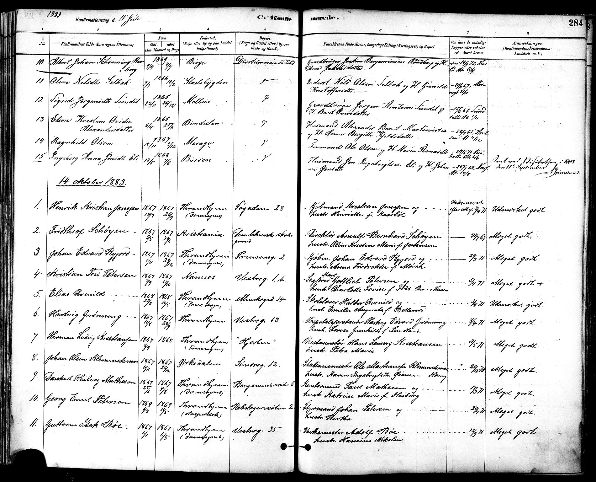 Ministerialprotokoller, klokkerbøker og fødselsregistre - Sør-Trøndelag, SAT/A-1456/601/L0057: Ministerialbok nr. 601A25, 1877-1891, s. 284