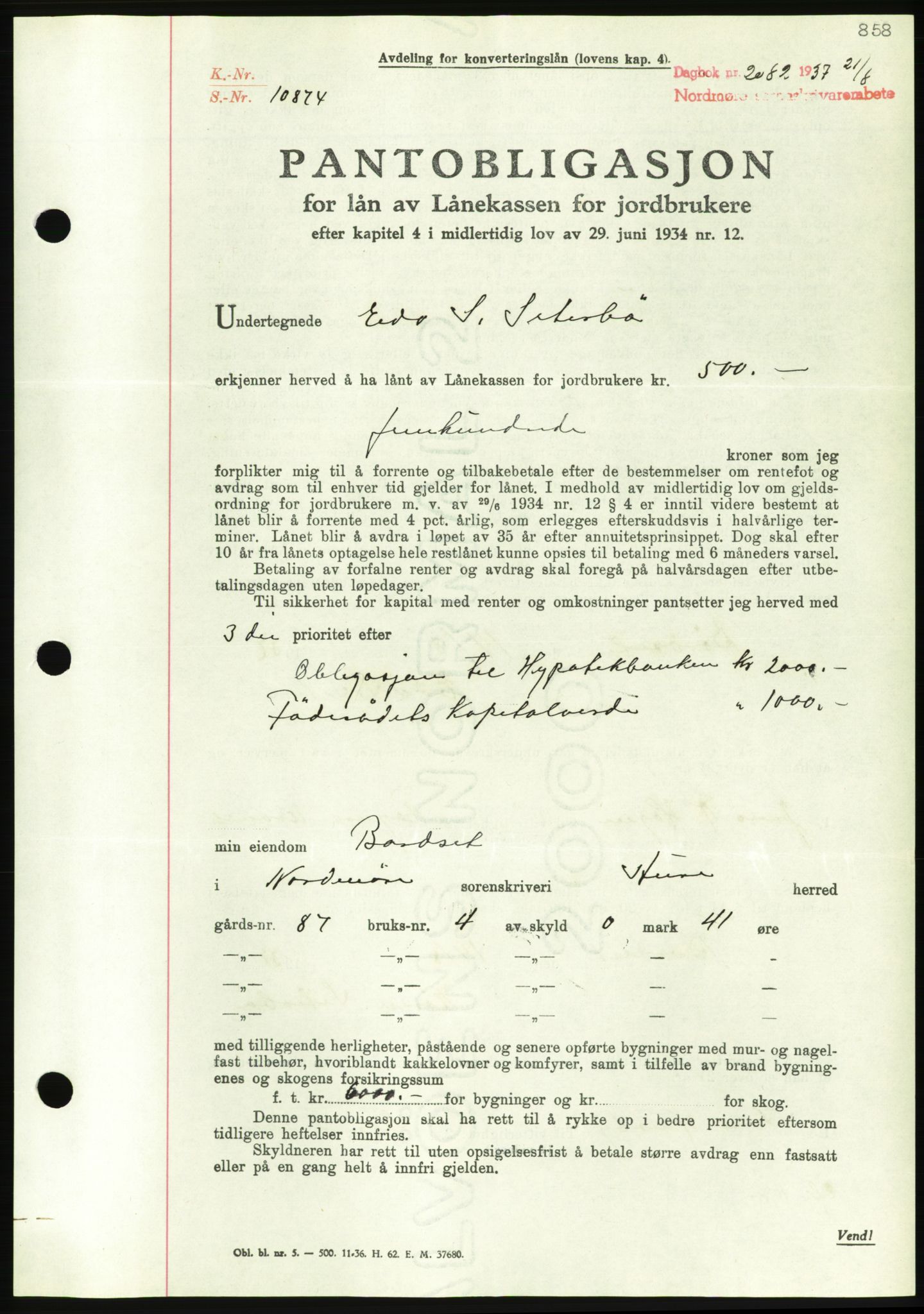 Nordmøre sorenskriveri, AV/SAT-A-4132/1/2/2Ca/L0091: Pantebok nr. B81, 1937-1937, Dagboknr: 2082/1937