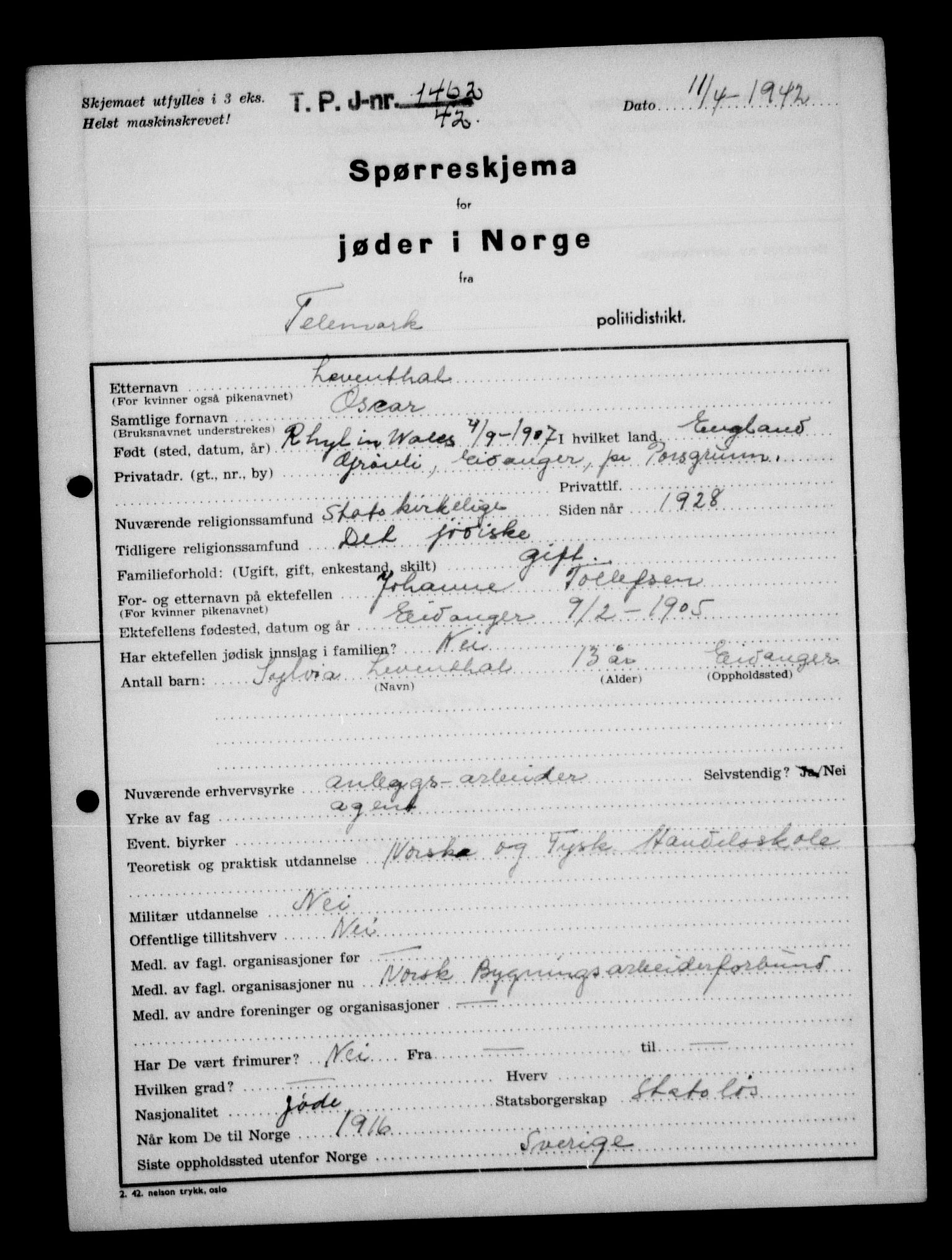 Statspolitiet - Hovedkontoret / Osloavdelingen, AV/RA-S-1329/G/Ga/L0013: Spørreskjema for jøder i Norge. 1: Sandefjord-Trondheim. 2: Tønsberg- Ålesund.  3: Skriv vedr. jøder A-H.  , 1942-1943, s. 108