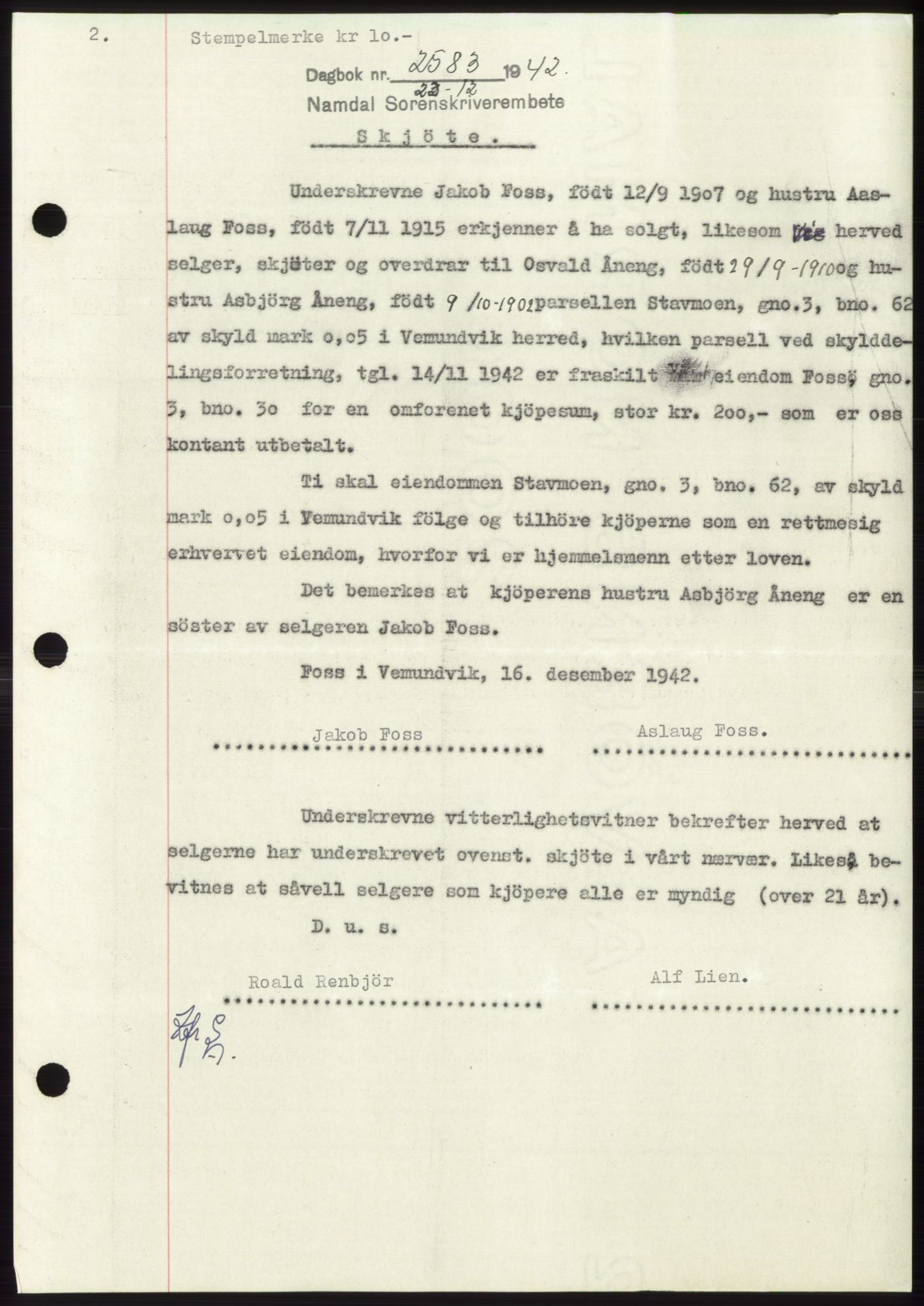 Namdal sorenskriveri, SAT/A-4133/1/2/2C: Pantebok nr. -, 1942-1943, Dagboknr: 2583/1942