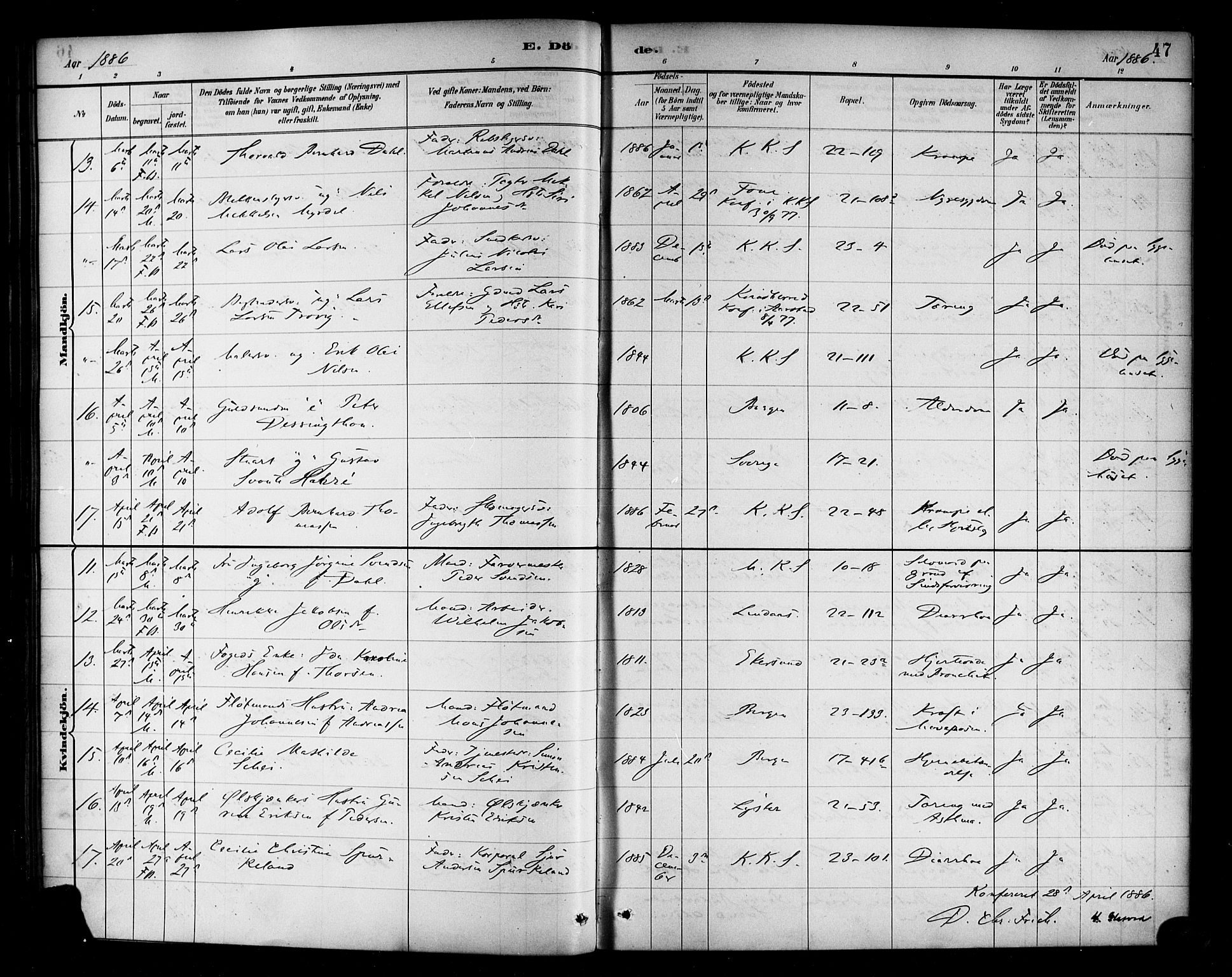 Korskirken sokneprestembete, AV/SAB-A-76101/H/Haa/L0047: Ministerialbok nr. E 5, 1884-1910, s. 47