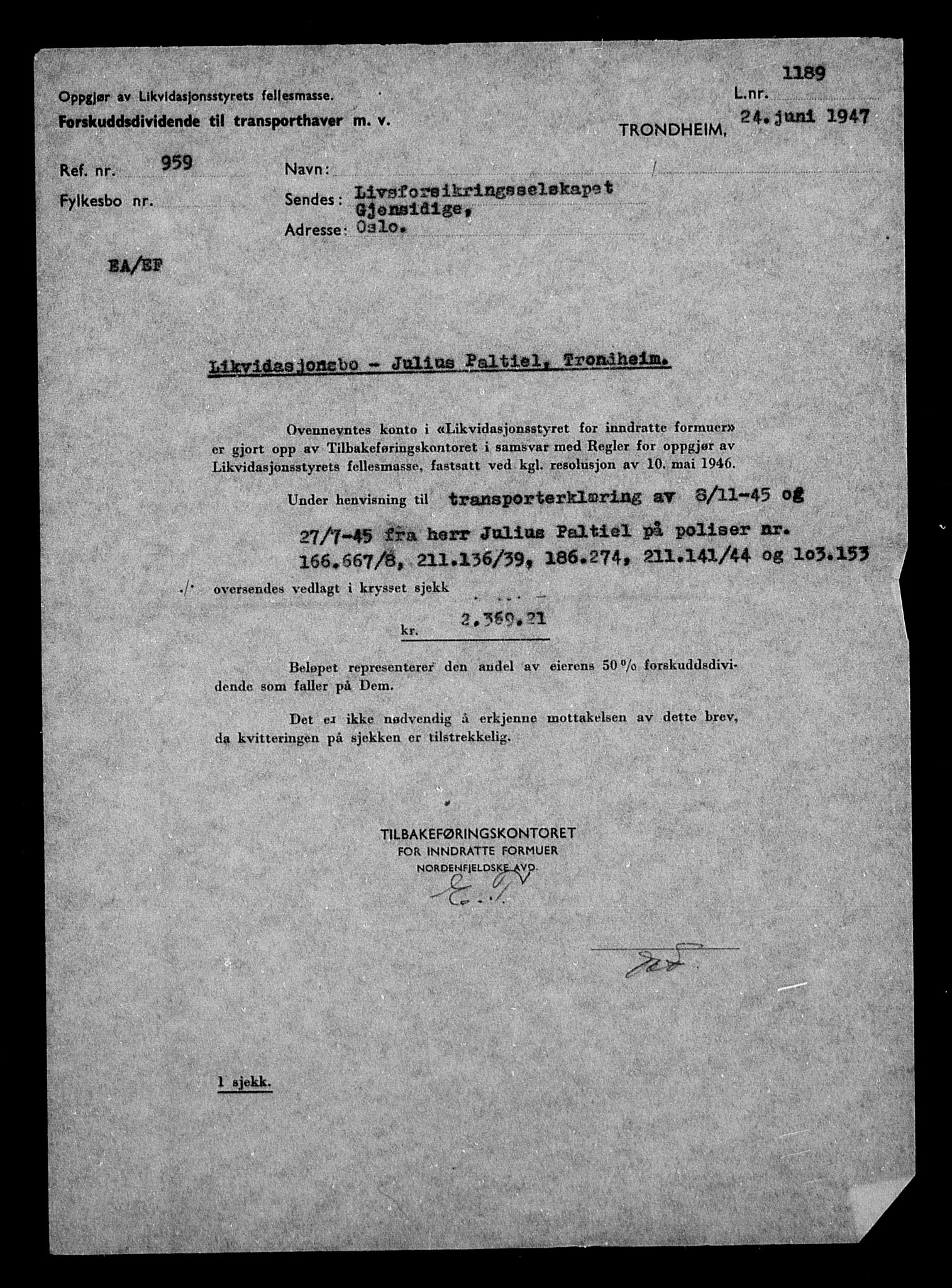 Justisdepartementet, Tilbakeføringskontoret for inndratte formuer, AV/RA-S-1564/H/Hc/Hca/L0906: --, 1945-1947, s. 317