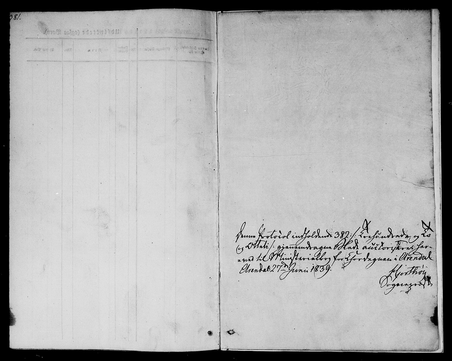 Arendal sokneprestkontor, Trefoldighet, AV/SAK-1111-0040/F/Fb/L0002: Klokkerbok nr. B 2, 1838-1860, s. 381