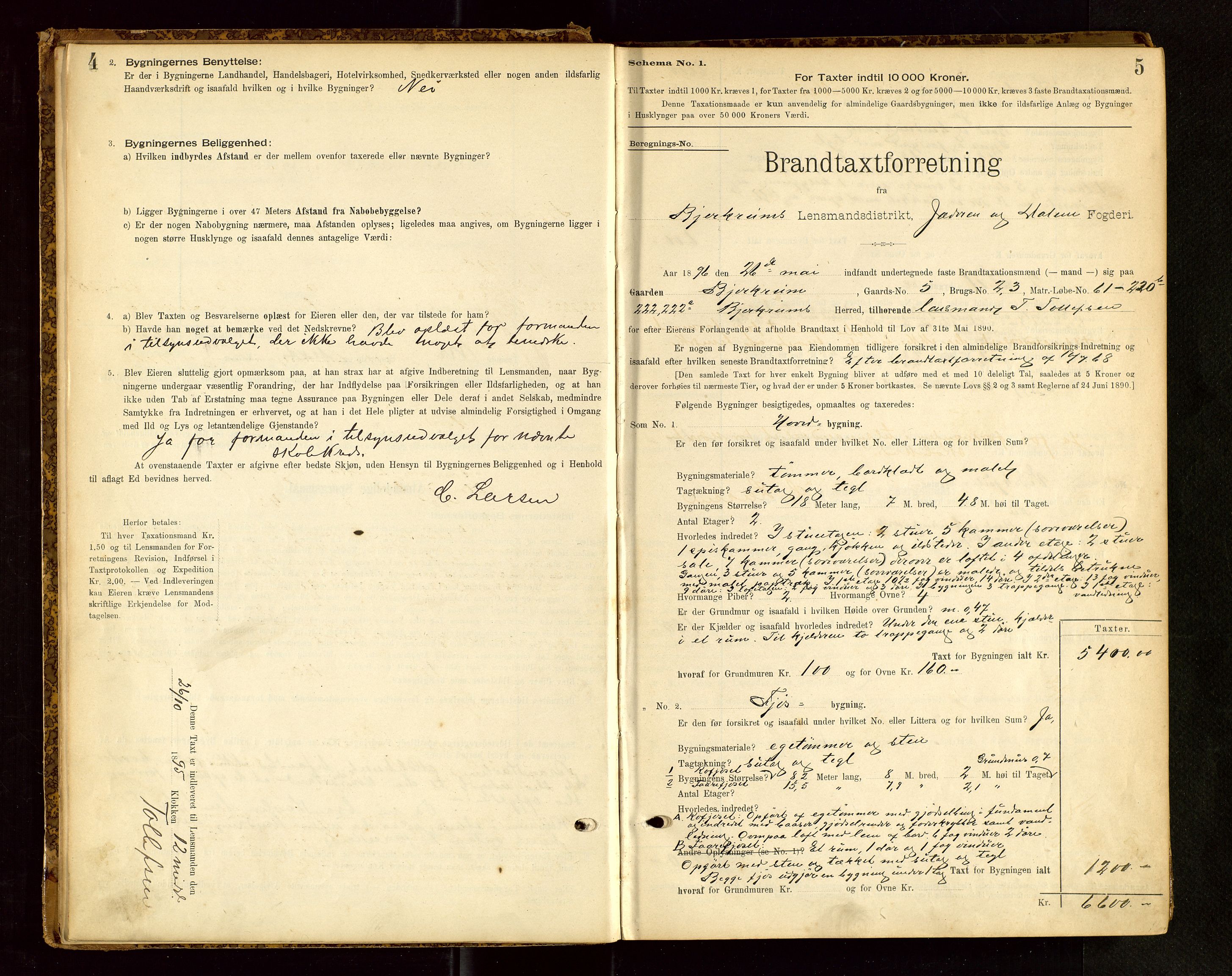 Bjerkreim lensmannskontor, SAST/A-100090/Gob/L0001: "Brandtaxationsprotokol", 1895-1950, s. 4-5