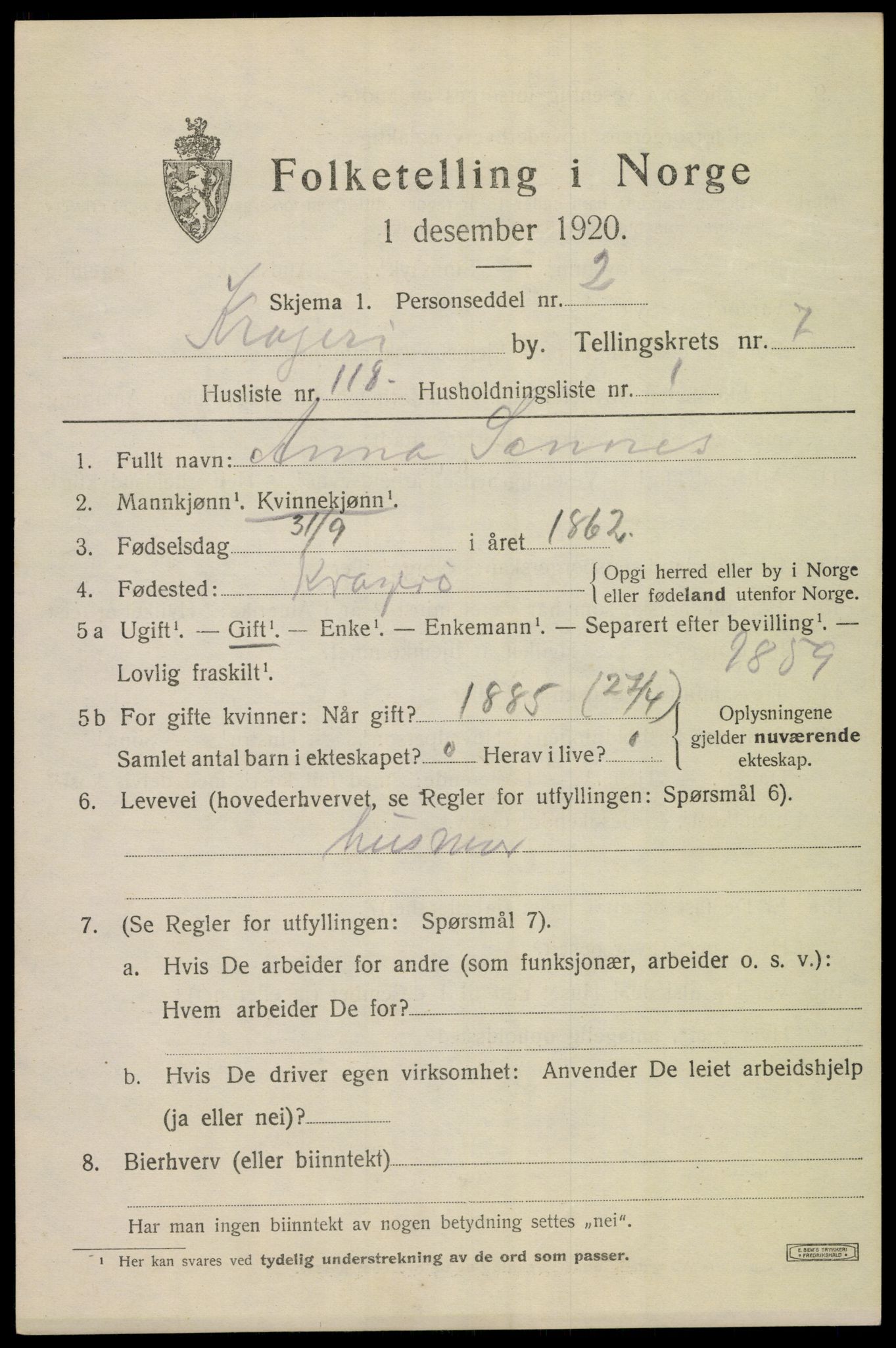 SAKO, Folketelling 1920 for 0801 Kragerø kjøpstad, 1920, s. 11043
