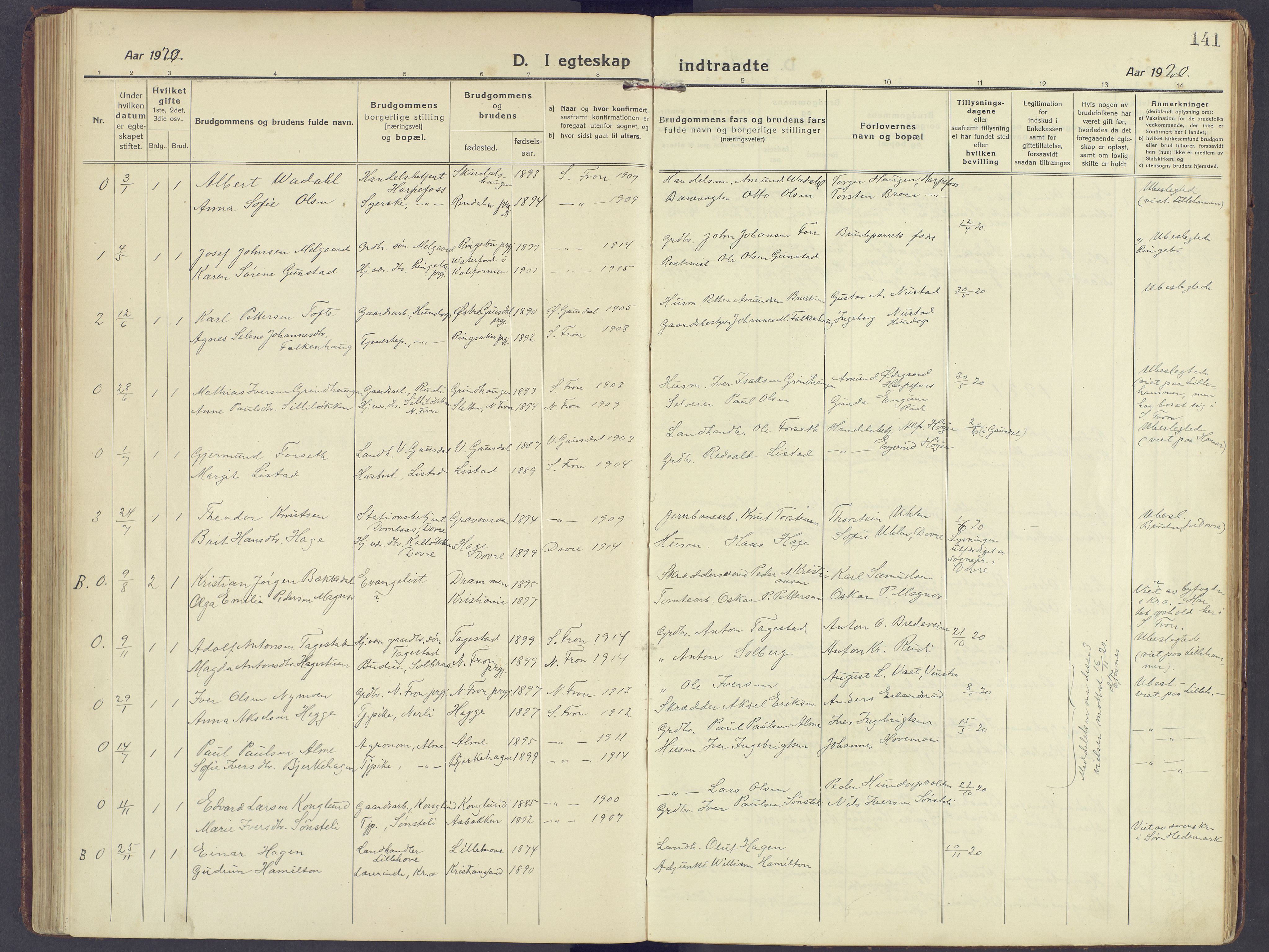 Sør-Fron prestekontor, AV/SAH-PREST-010/H/Ha/Haa/L0005: Ministerialbok nr. 5, 1920-1933, s. 141