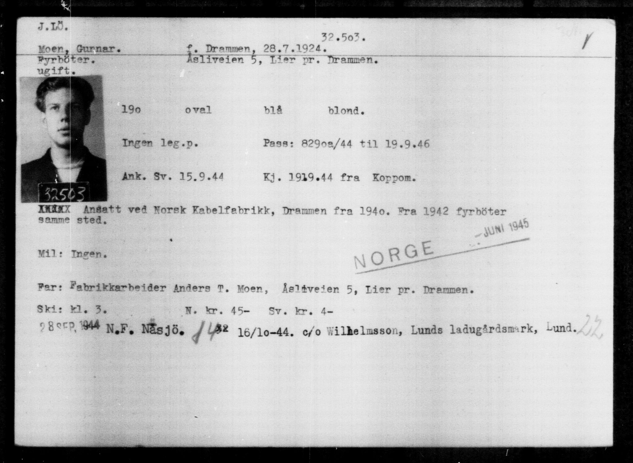 Utenriksstasjonene, Legasjonen i Stockholm, Flyktningkontoret, AV/RA-S-6753/V/Va/L0013: Kjesäterkartoteket, flyktninger med registreringsnr. 31500-34731, 1940-1945, s. 1059