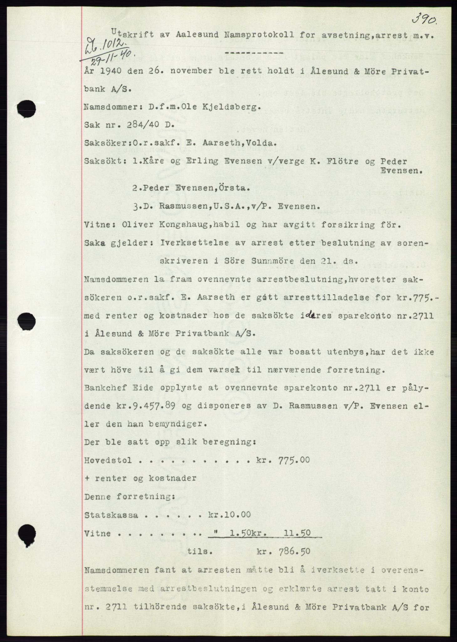 Søre Sunnmøre sorenskriveri, SAT/A-4122/1/2/2C/L0070: Pantebok nr. 64, 1940-1941, Dagboknr: 1012/1940