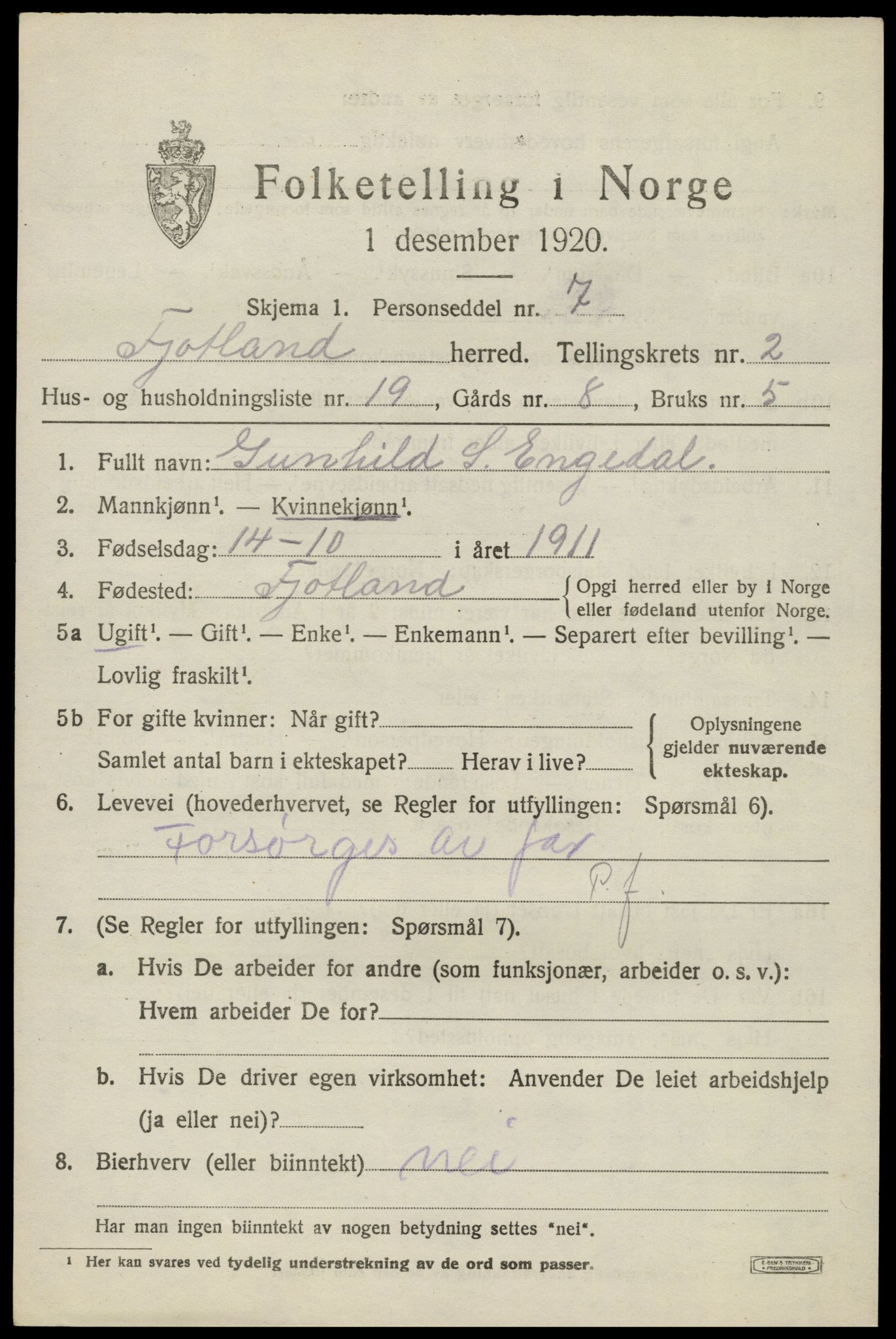 SAK, Folketelling 1920 for 1036 Fjotland herred, 1920, s. 888