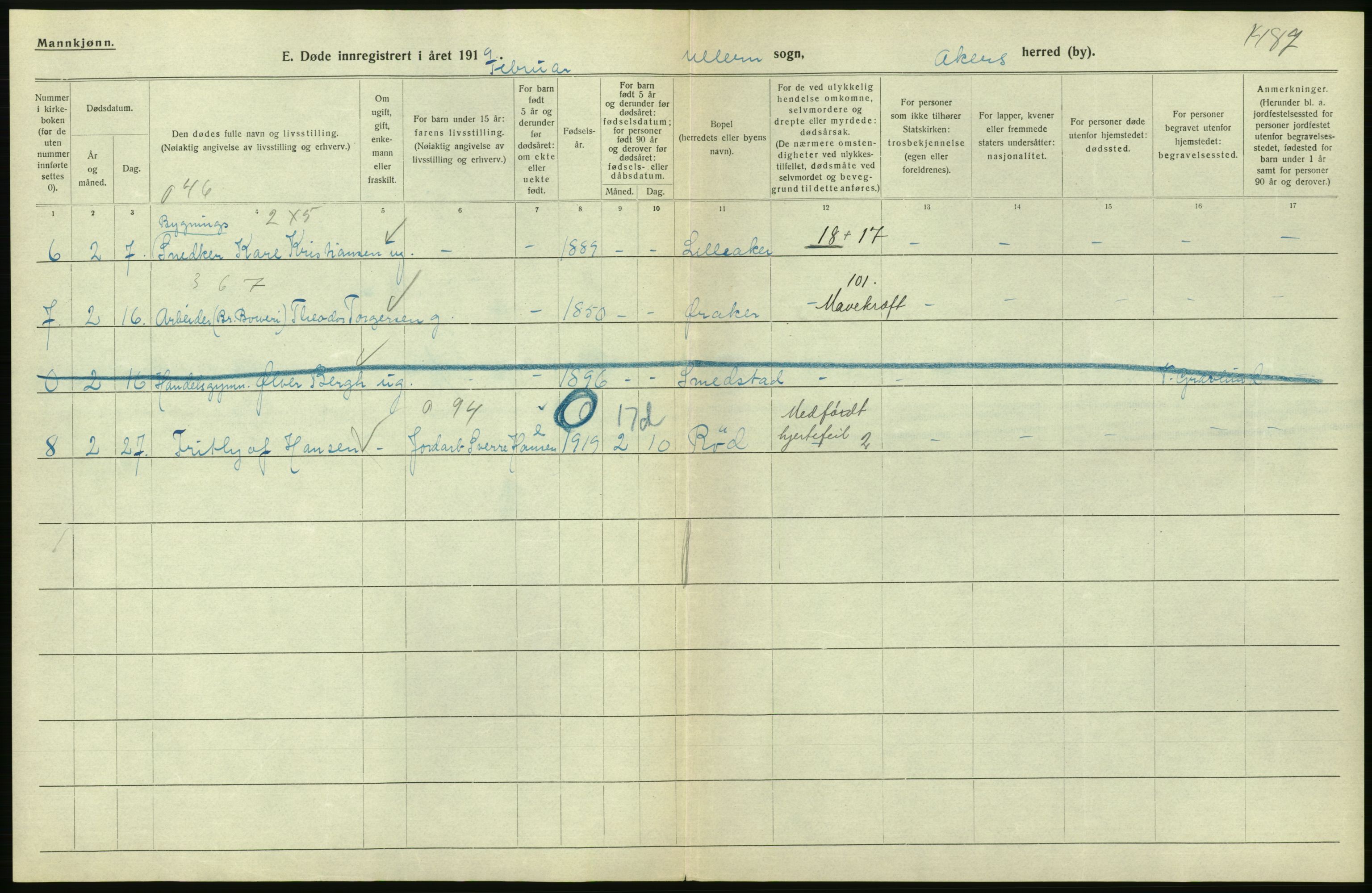 Statistisk sentralbyrå, Sosiodemografiske emner, Befolkning, AV/RA-S-2228/D/Df/Dfb/Dfbi/L0006: Akershus fylke: Døde. Bygder og byer., 1919, s. 20