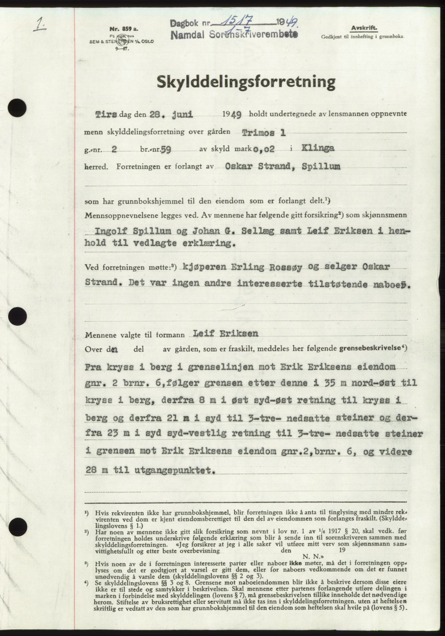 Namdal sorenskriveri, SAT/A-4133/1/2/2C: Pantebok nr. -, 1949-1949, Dagboknr: 1517/1949