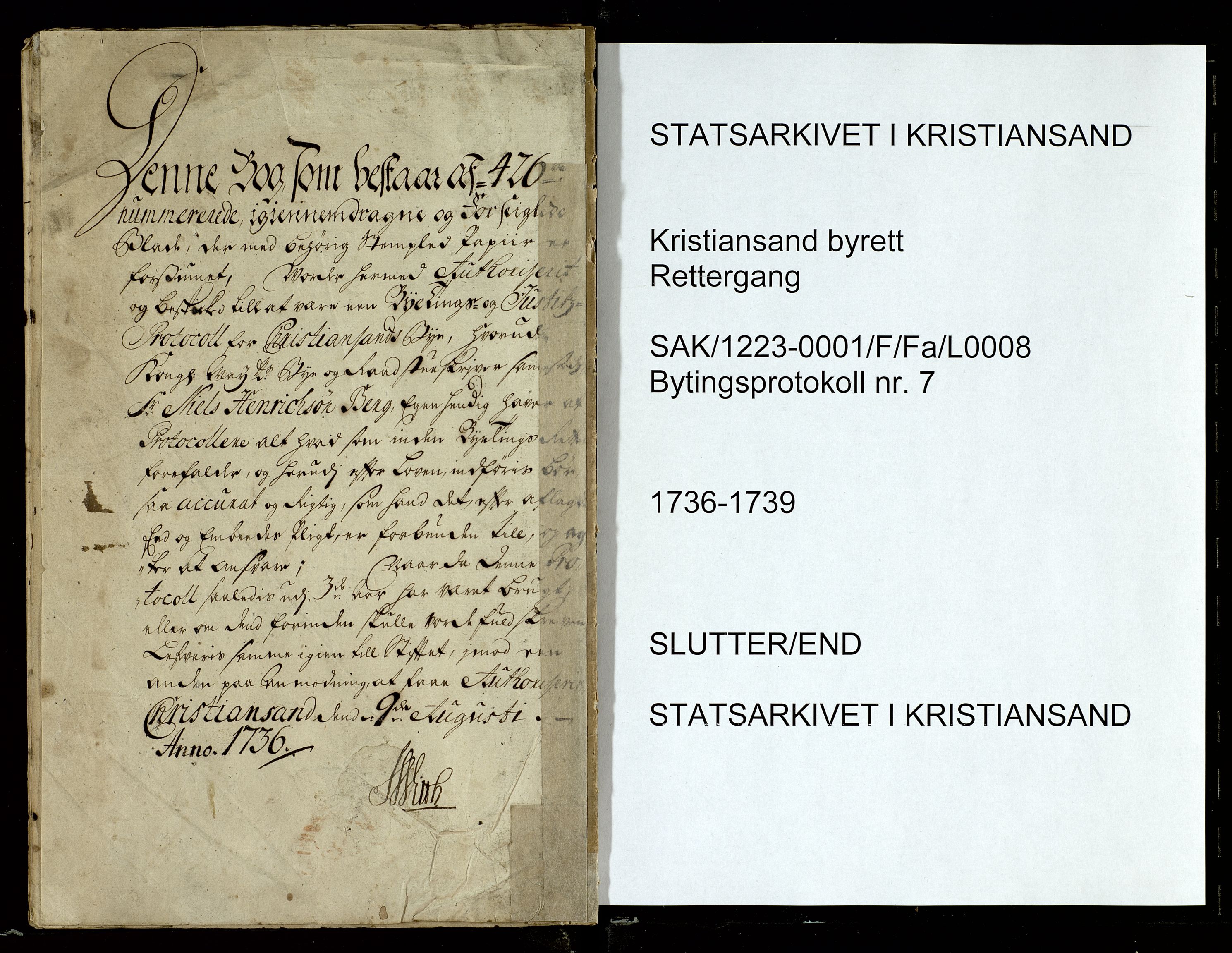 Kristiansand byrett, SAK/1223-0001/F/Fa/L0008: Bytingsprotokoll nr. 7.  DEFEKT - IKKE TIL UTLÅN, 1736-1739, s. 427