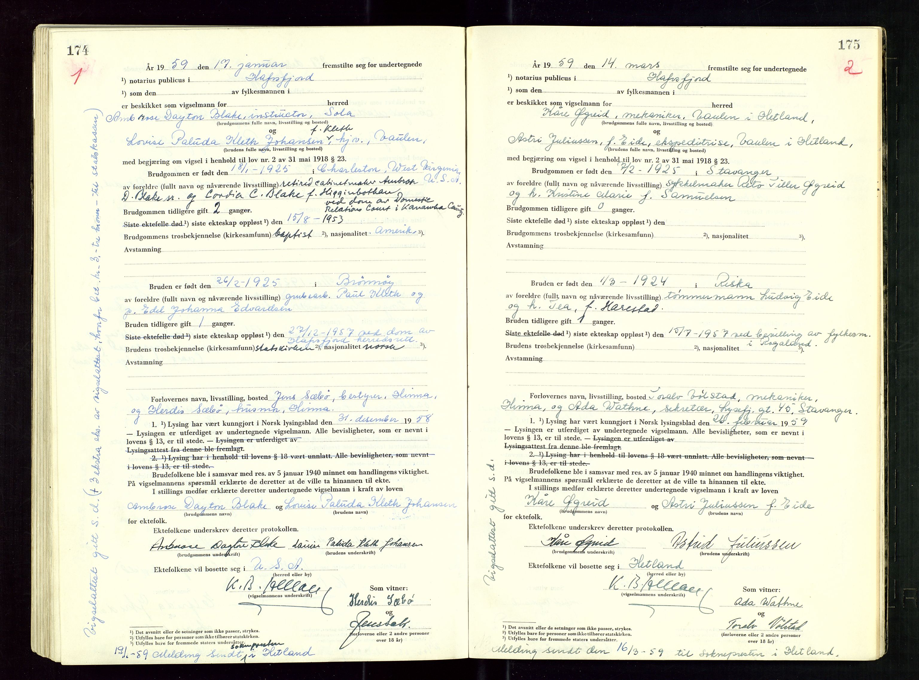 Hafrsfjord sorenskriveri, AV/SAST-A-100313/I/Ic/L0001: "Vigsels-bok", 1951-1959, s. 174-175