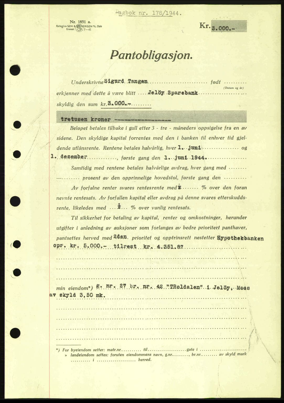 Moss sorenskriveri, SAO/A-10168: Pantebok nr. B13, 1943-1945, Dagboknr: 178/1944
