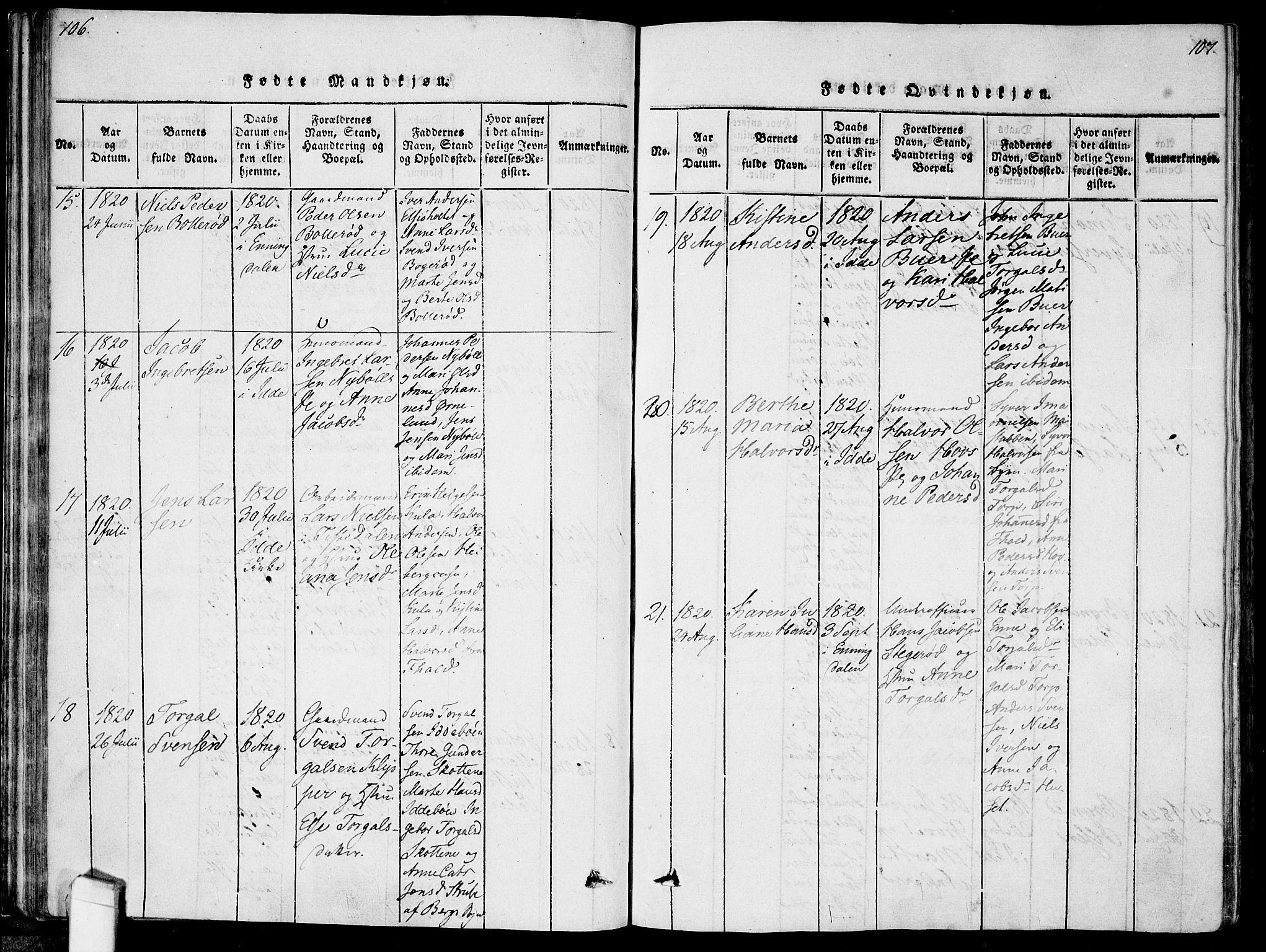 Idd prestekontor Kirkebøker, AV/SAO-A-10911/F/Fc/L0002: Ministerialbok nr. III 2, 1815-1831, s. 106-107