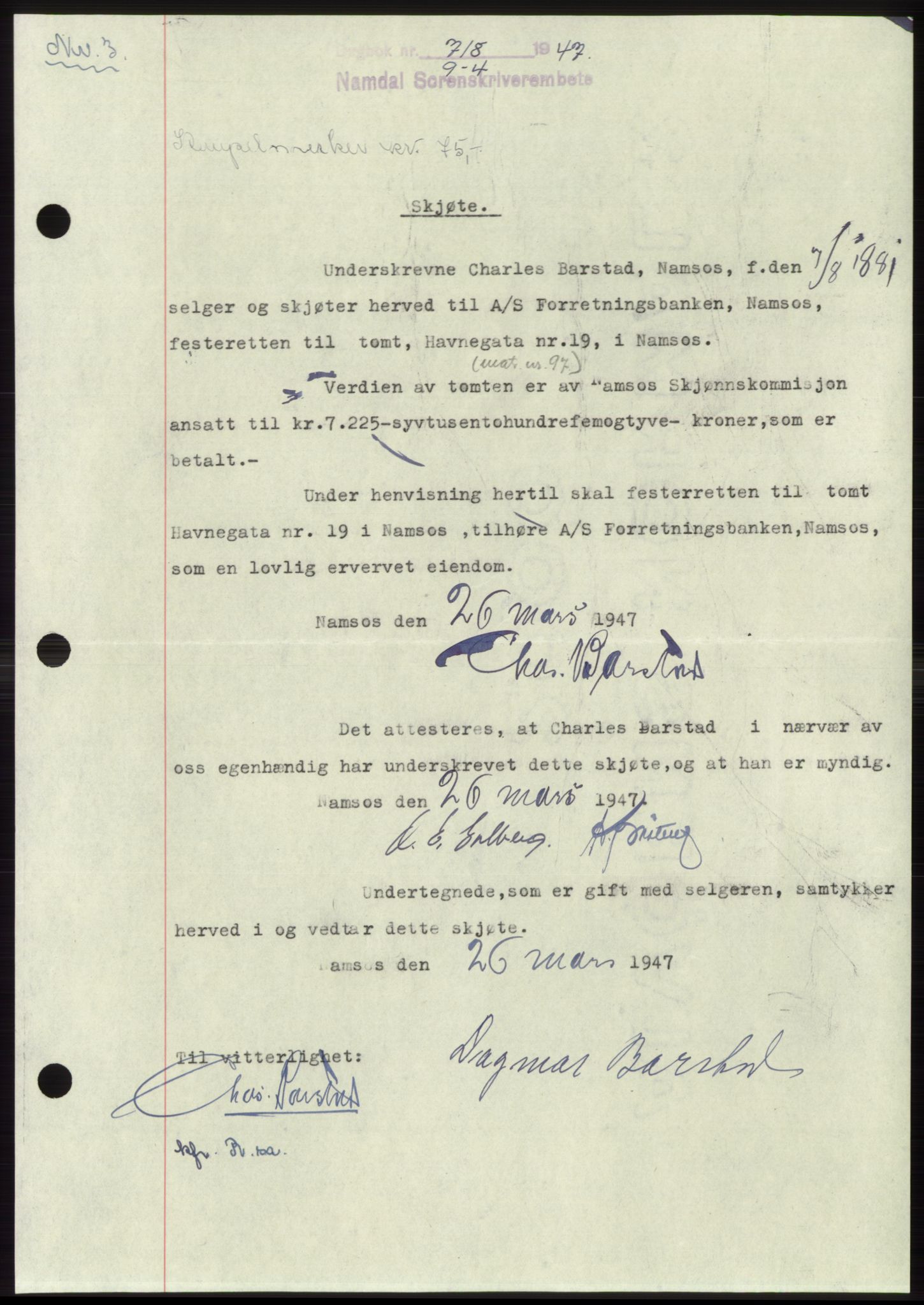 Namdal sorenskriveri, SAT/A-4133/1/2/2C: Pantebok nr. -, 1947-1947, Dagboknr: 718/1947