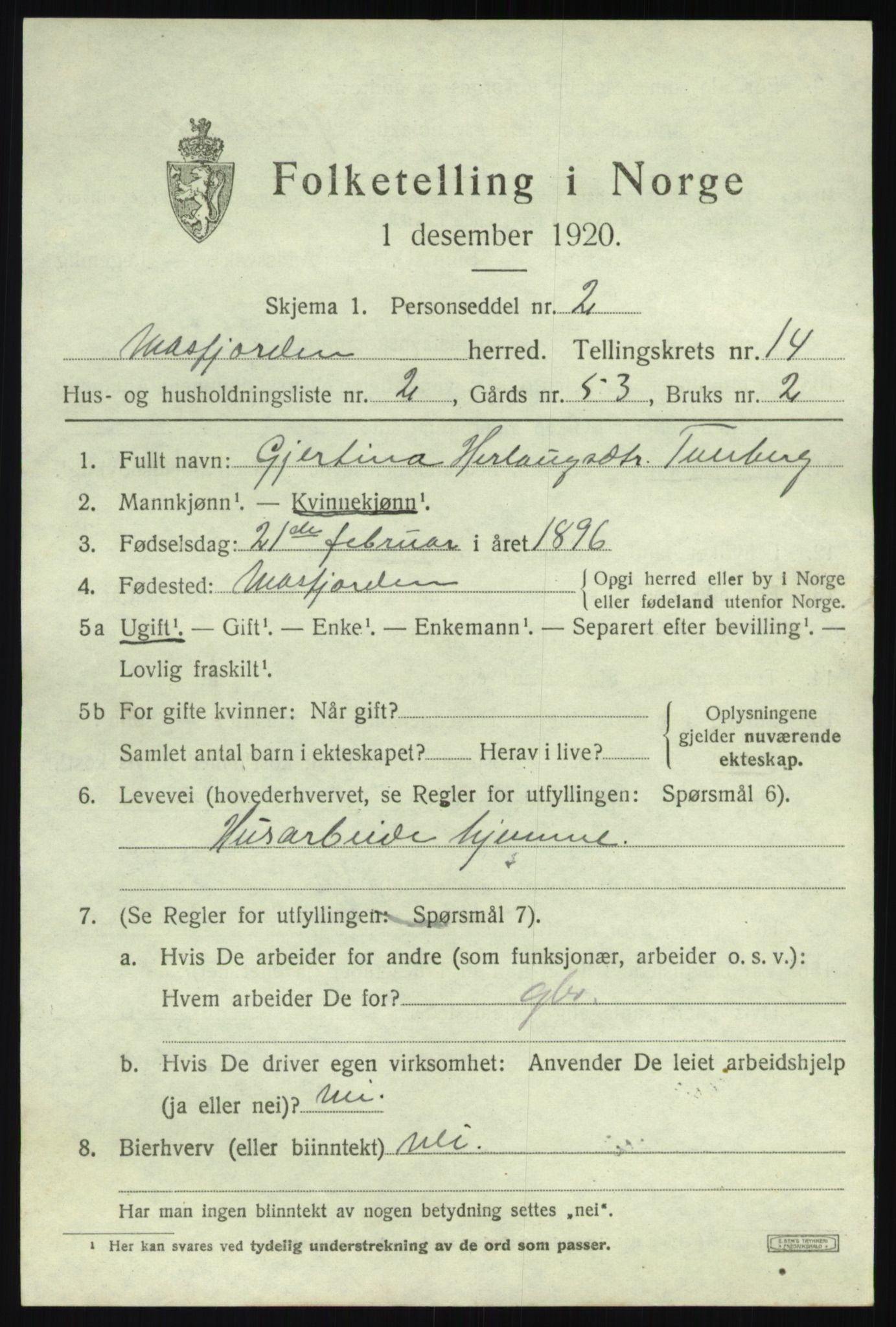 SAB, Folketelling 1920 for 1266 Masfjorden herred, 1920, s. 5109