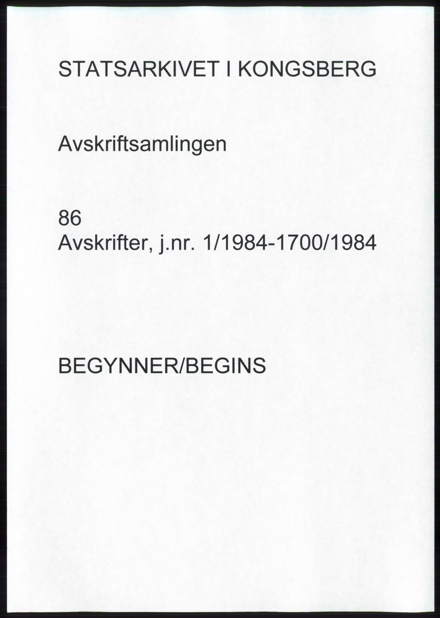 Statsarkivet i Kongsberg, AV/SAKO-A-0001, 1984, s. 1