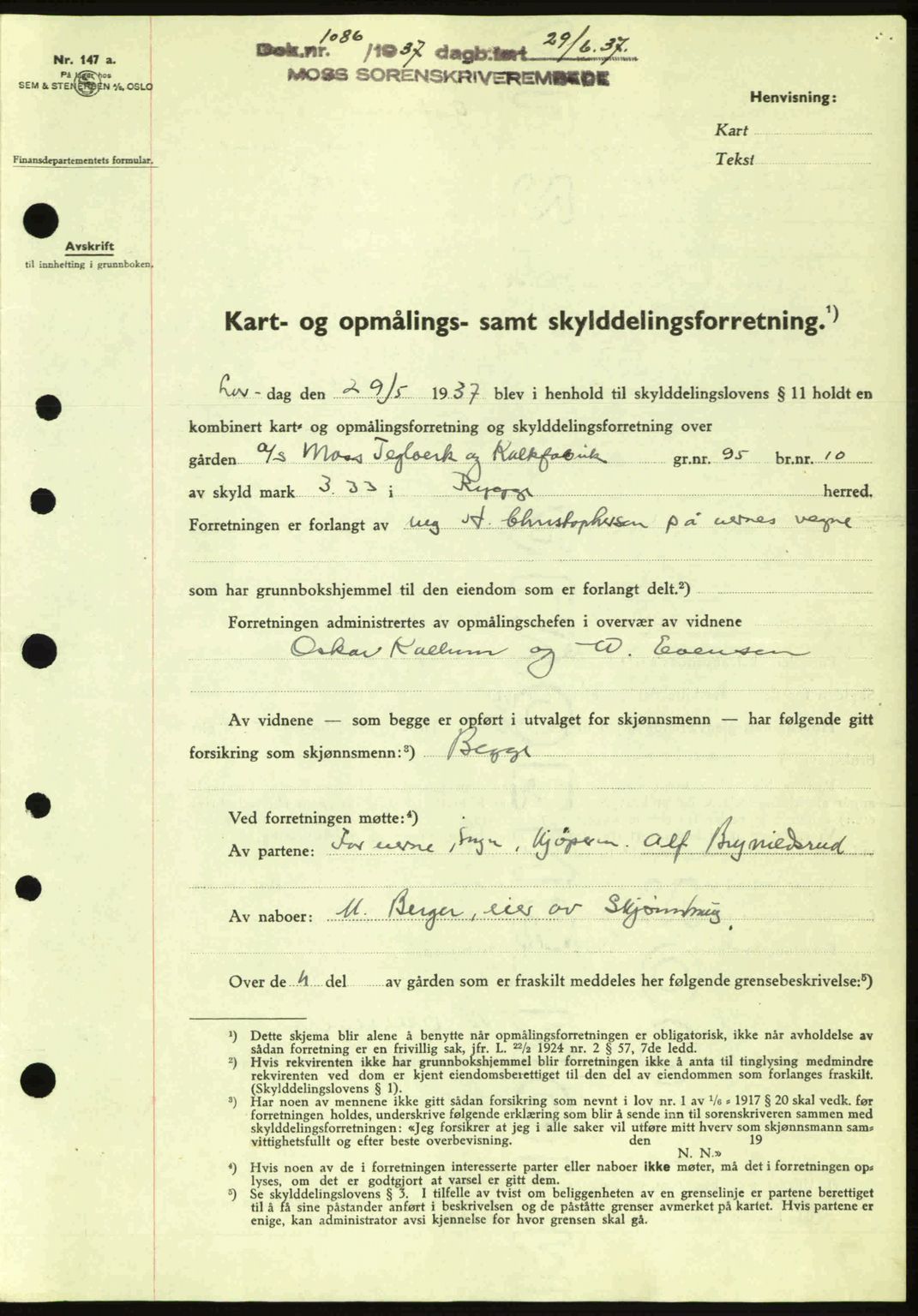 Moss sorenskriveri, SAO/A-10168: Pantebok nr. A3, 1937-1938, Dagboknr: 1086/1937