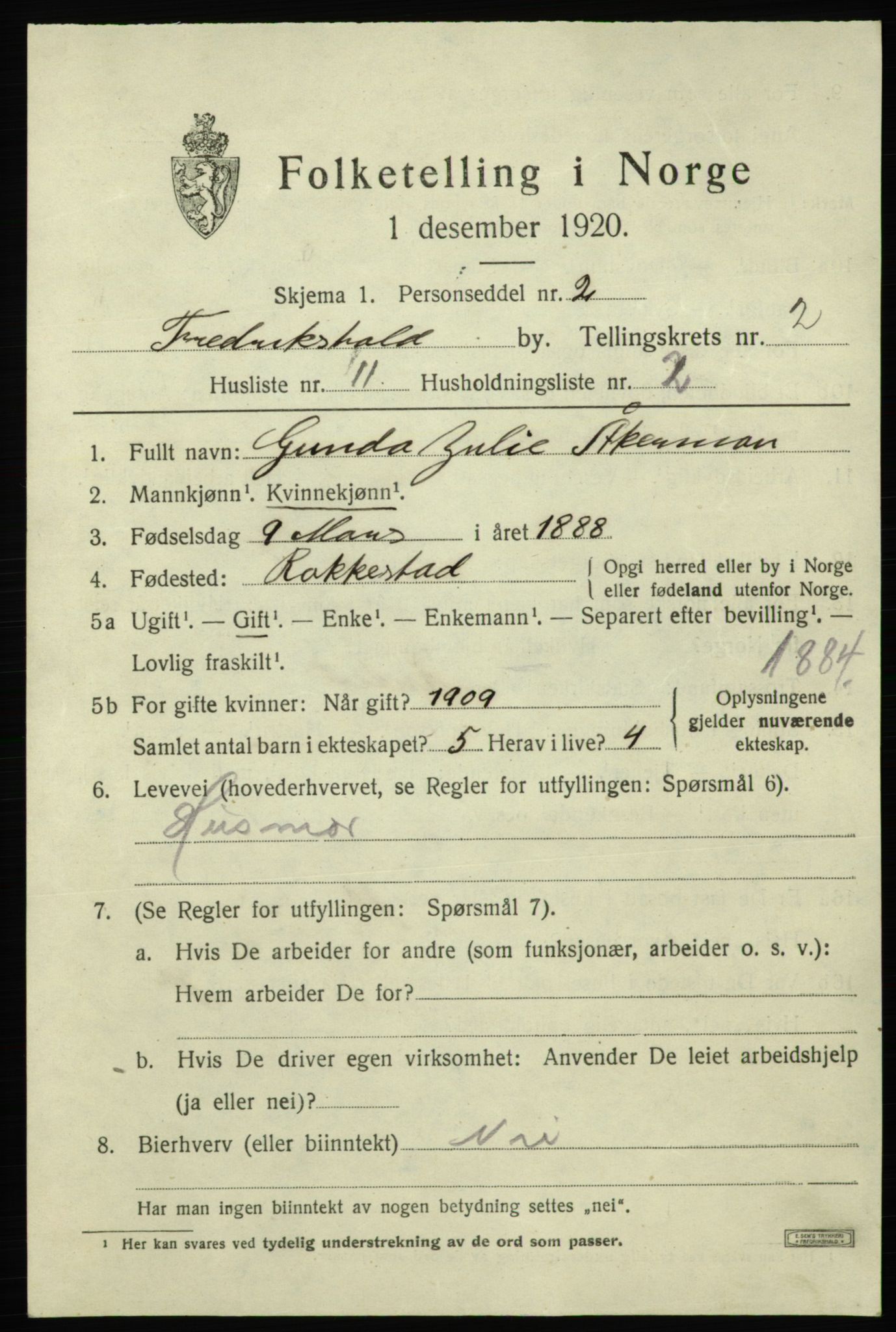 SAO, Folketelling 1920 for 0101 Fredrikshald kjøpstad, 1920, s. 9458