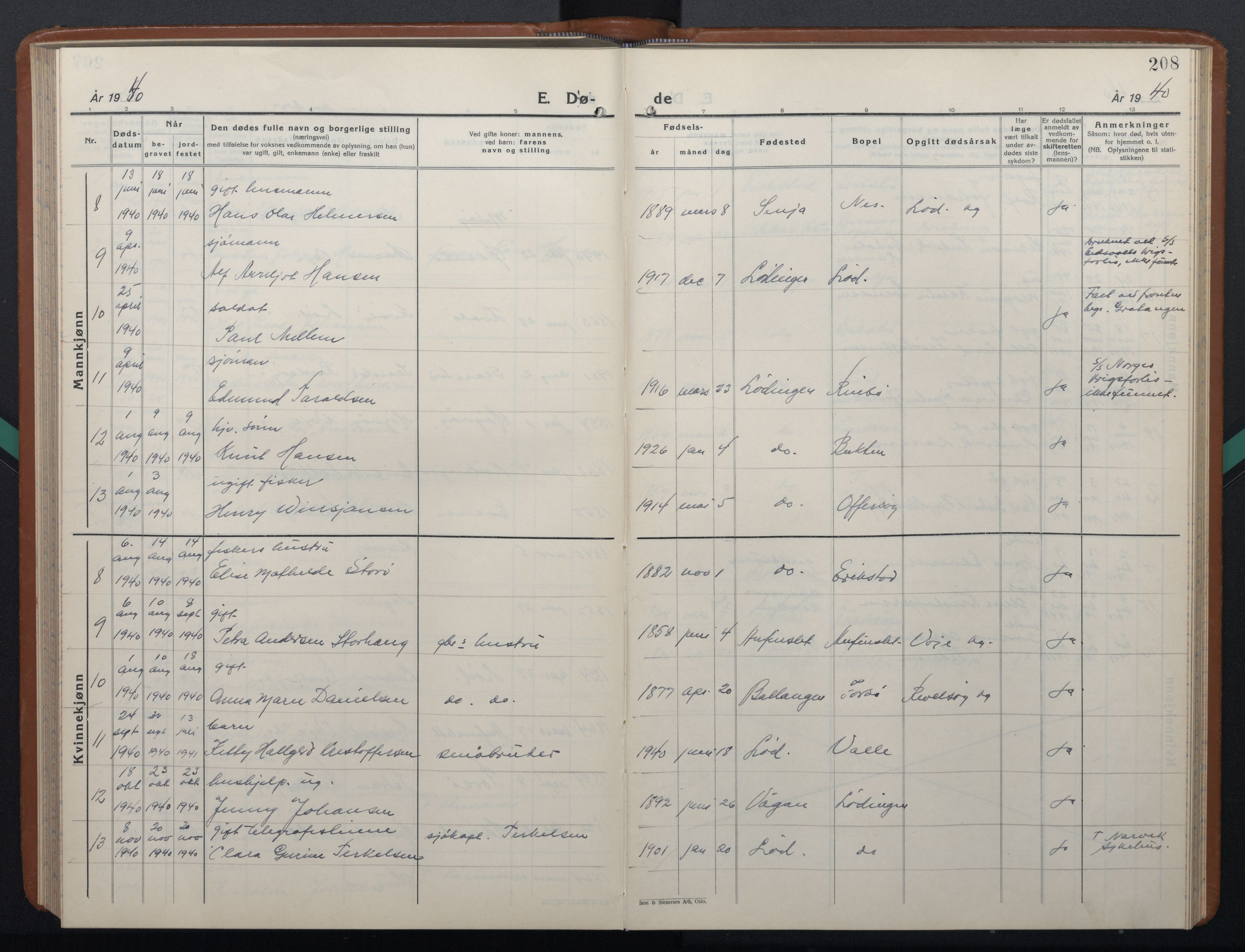 Ministerialprotokoller, klokkerbøker og fødselsregistre - Nordland, AV/SAT-A-1459/872/L1051: Klokkerbok nr. 872C07, 1939-1947, s. 208