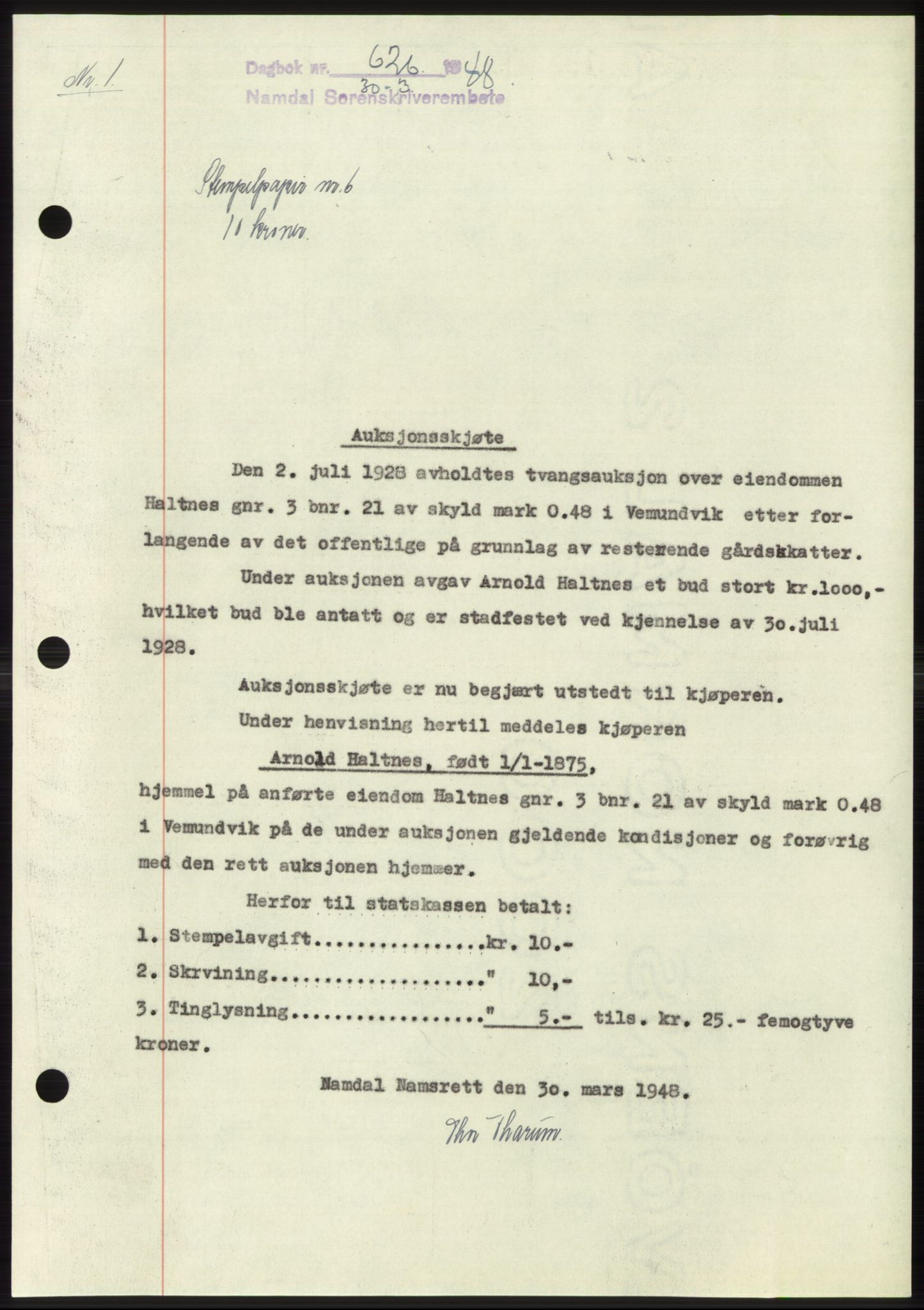 Namdal sorenskriveri, SAT/A-4133/1/2/2C: Pantebok nr. -, 1947-1948, Dagboknr: 626/1948