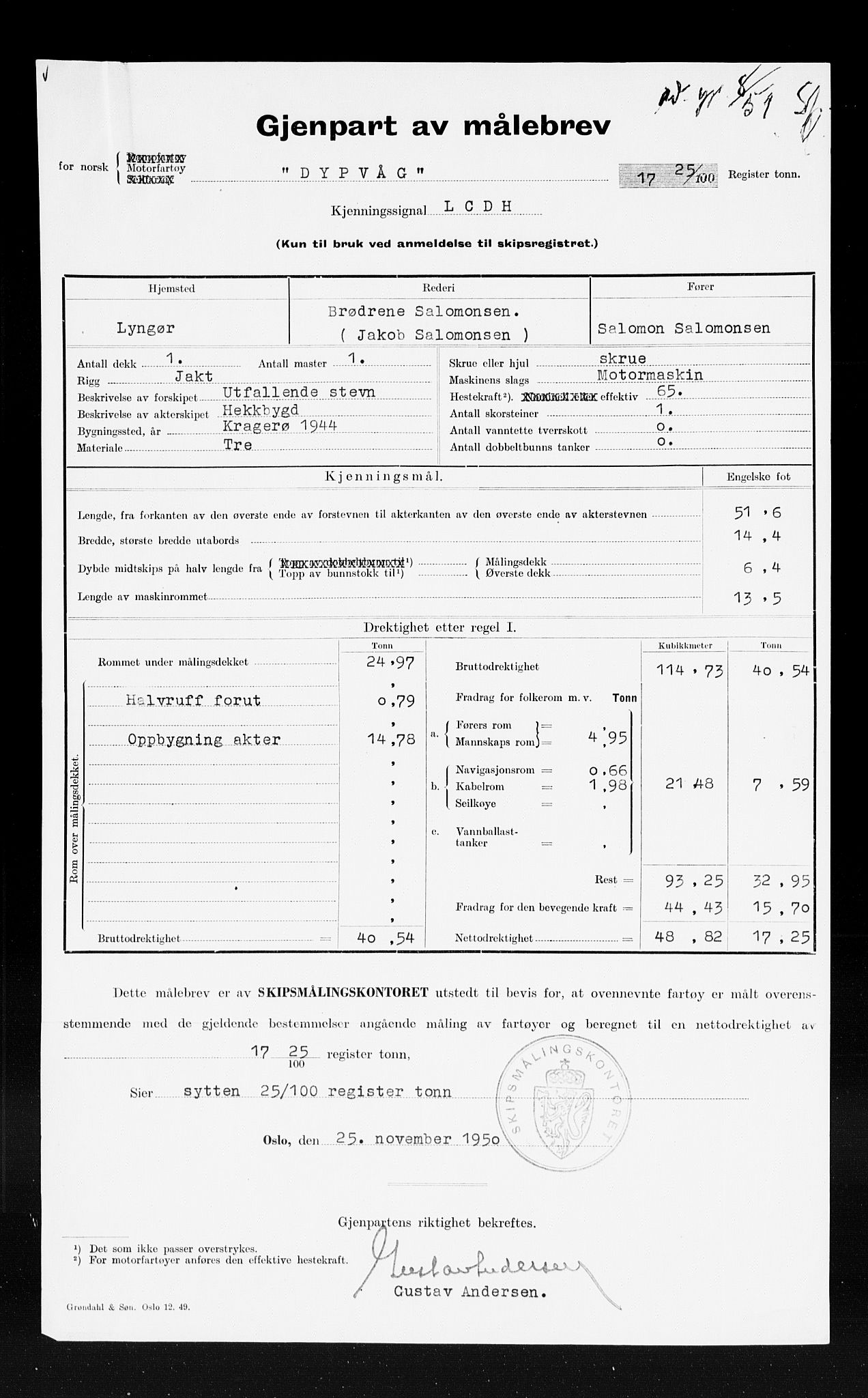 Risør tollsted, SAK/1351-0010/H/Ha/L0320: Skipsregisteret. Journalsaker, 1861-1957, s. 565