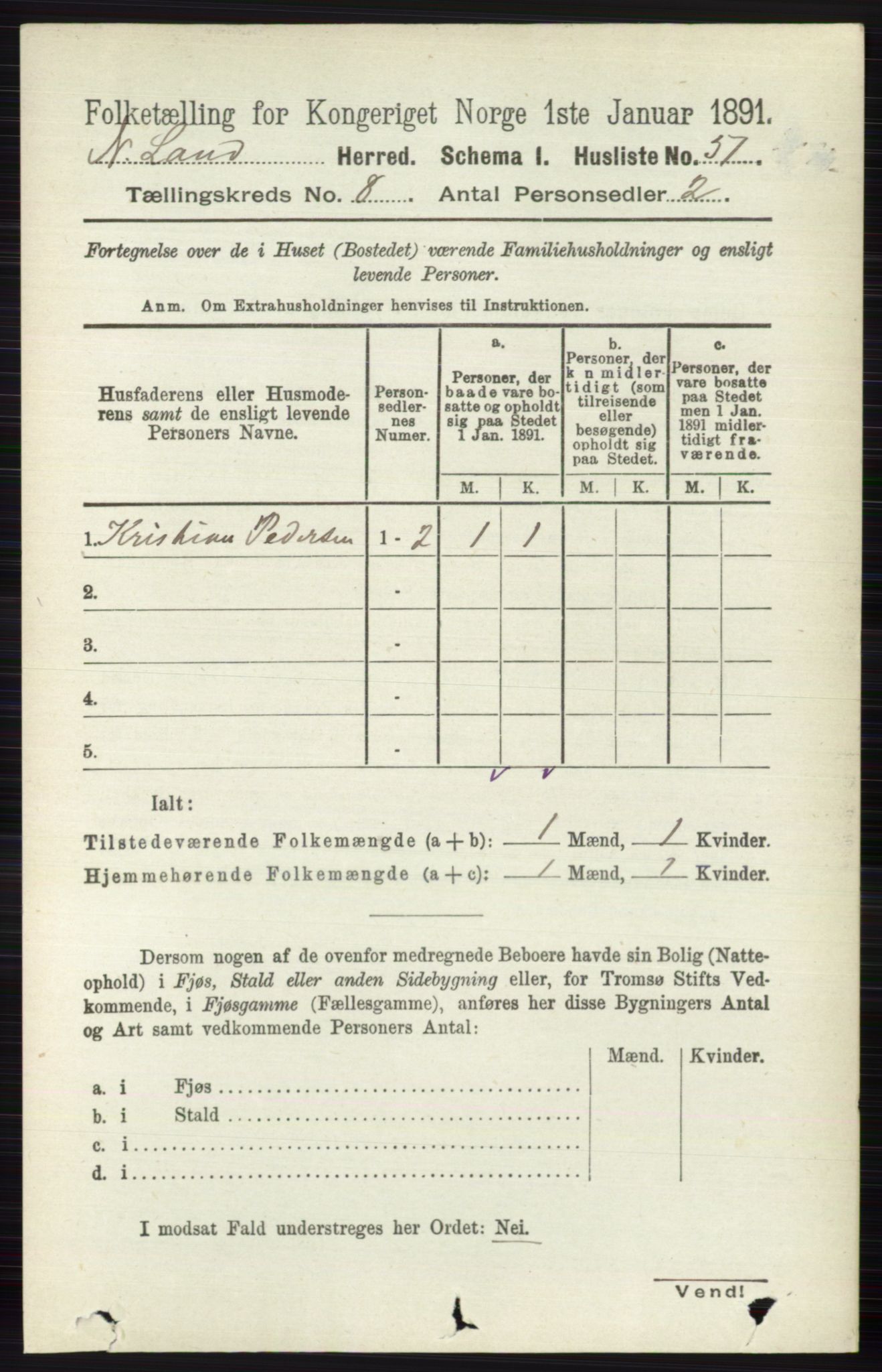 RA, Folketelling 1891 for 0538 Nordre Land herred, 1891, s. 2204