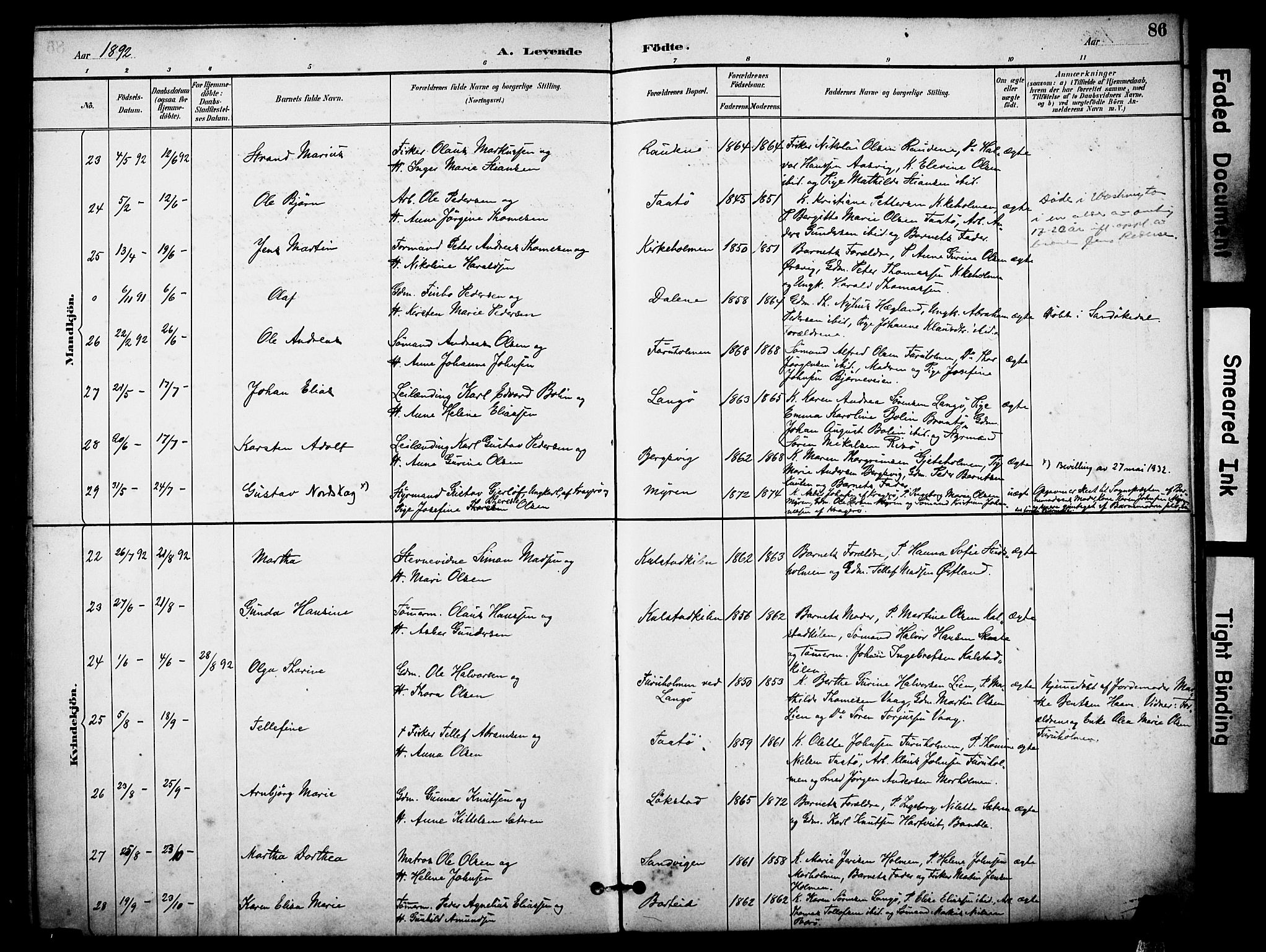 Skåtøy kirkebøker, AV/SAKO-A-304/F/Fa/L0002: Ministerialbok nr. I 2, 1884-1899, s. 86