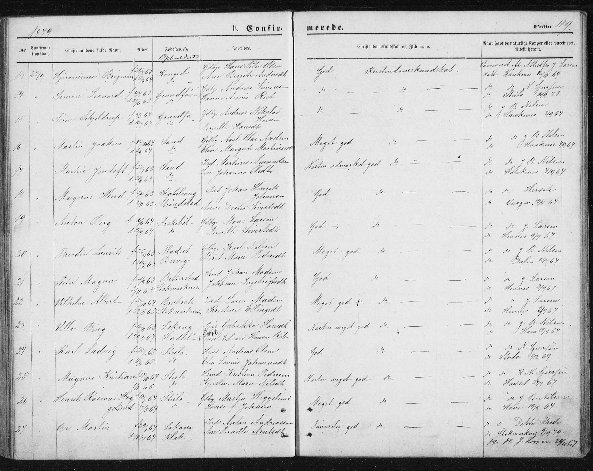 Ministerialprotokoller, klokkerbøker og fødselsregistre - Nordland, AV/SAT-A-1459/888/L1243: Ministerialbok nr. 888A09, 1876-1879, s. 119