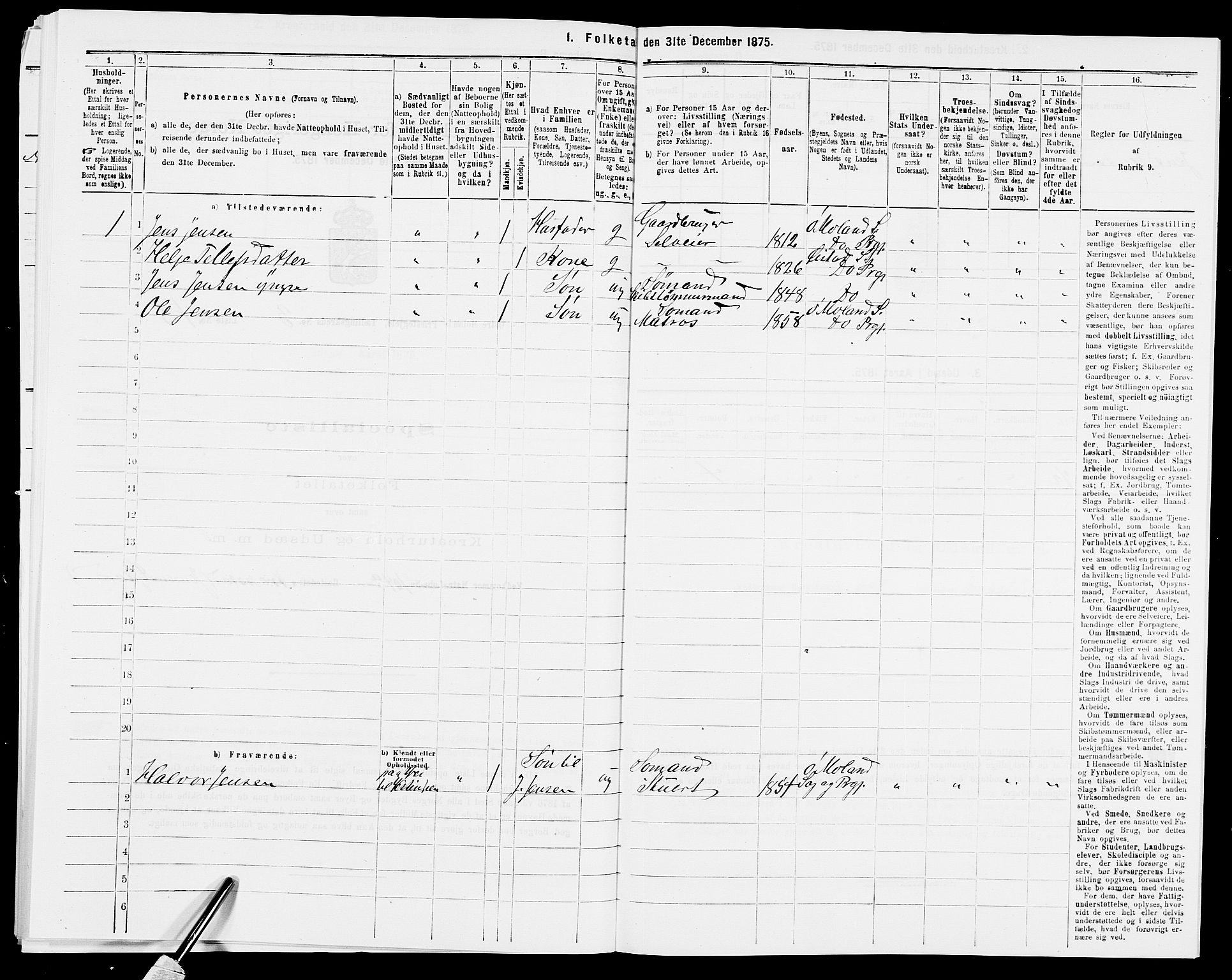 SAK, Folketelling 1875 for 0918P Austre Moland prestegjeld, 1875, s. 3129