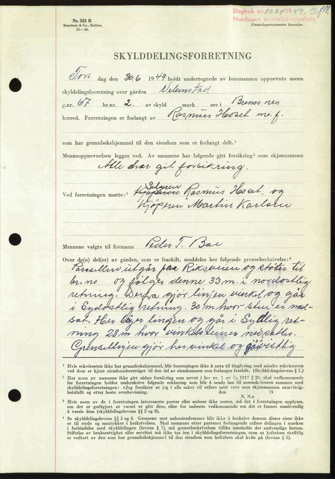 Nordmøre sorenskriveri, AV/SAT-A-4132/1/2/2Ca: Pantebok nr. A112, 1949-1949, Dagboknr: 2224/1949