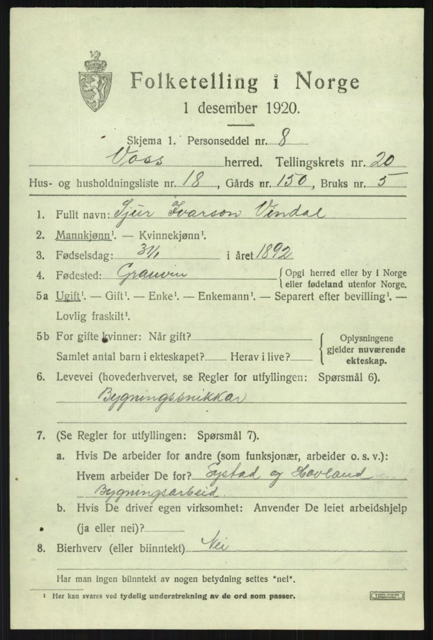 SAB, Folketelling 1920 for 1235 Voss herred, 1920, s. 14895