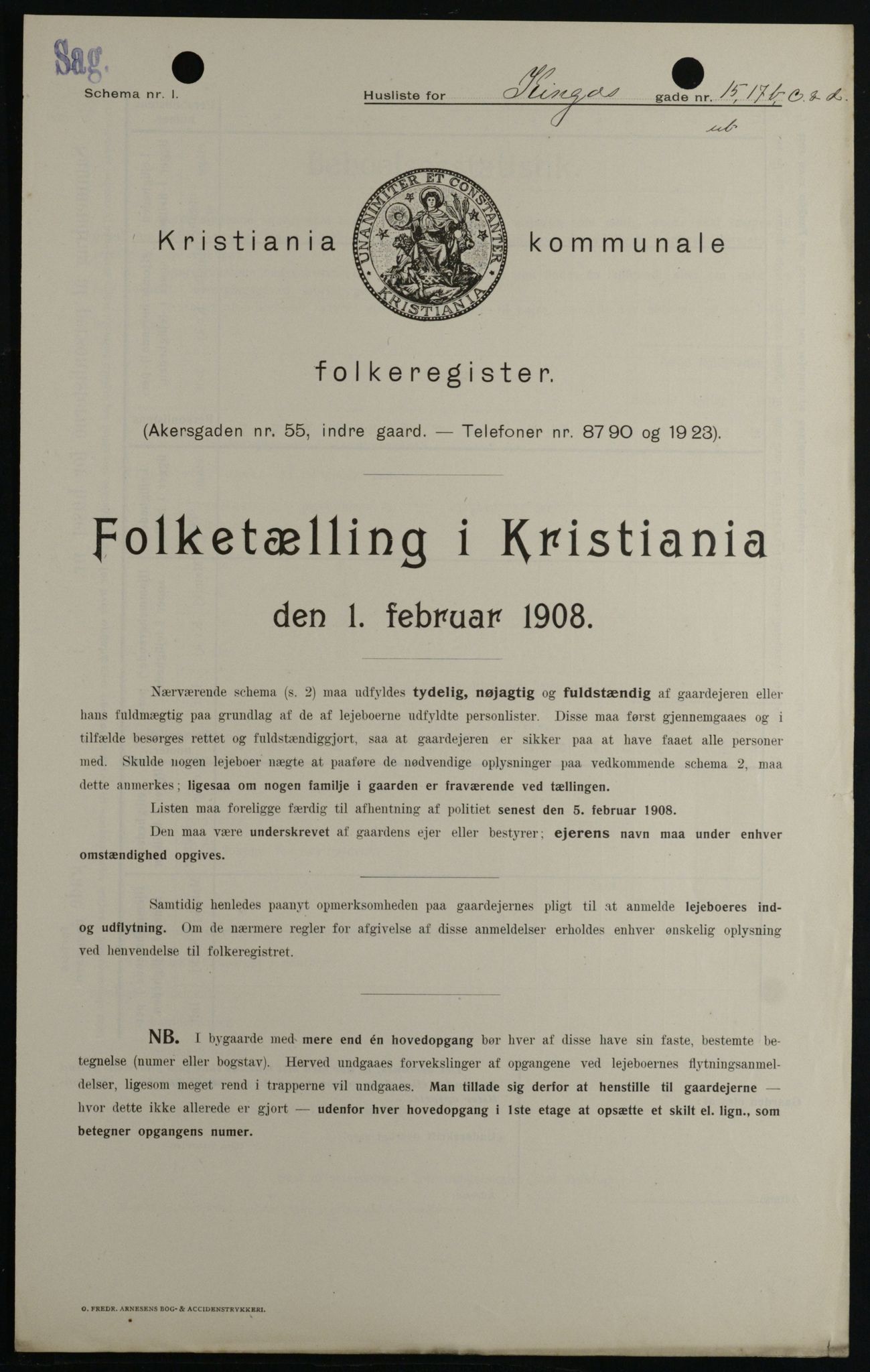 OBA, Kommunal folketelling 1.2.1908 for Kristiania kjøpstad, 1908, s. 44489