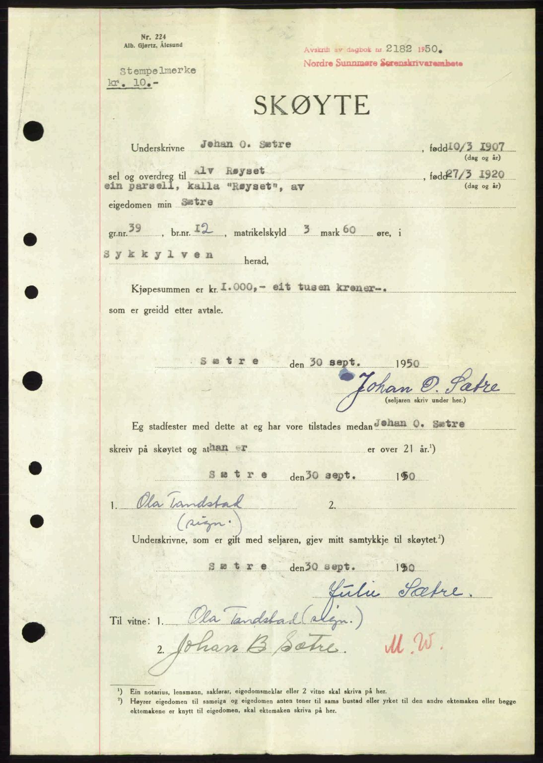 Nordre Sunnmøre sorenskriveri, SAT/A-0006/1/2/2C/2Ca: Pantebok nr. A36, 1950-1950, Dagboknr: 2182/1950