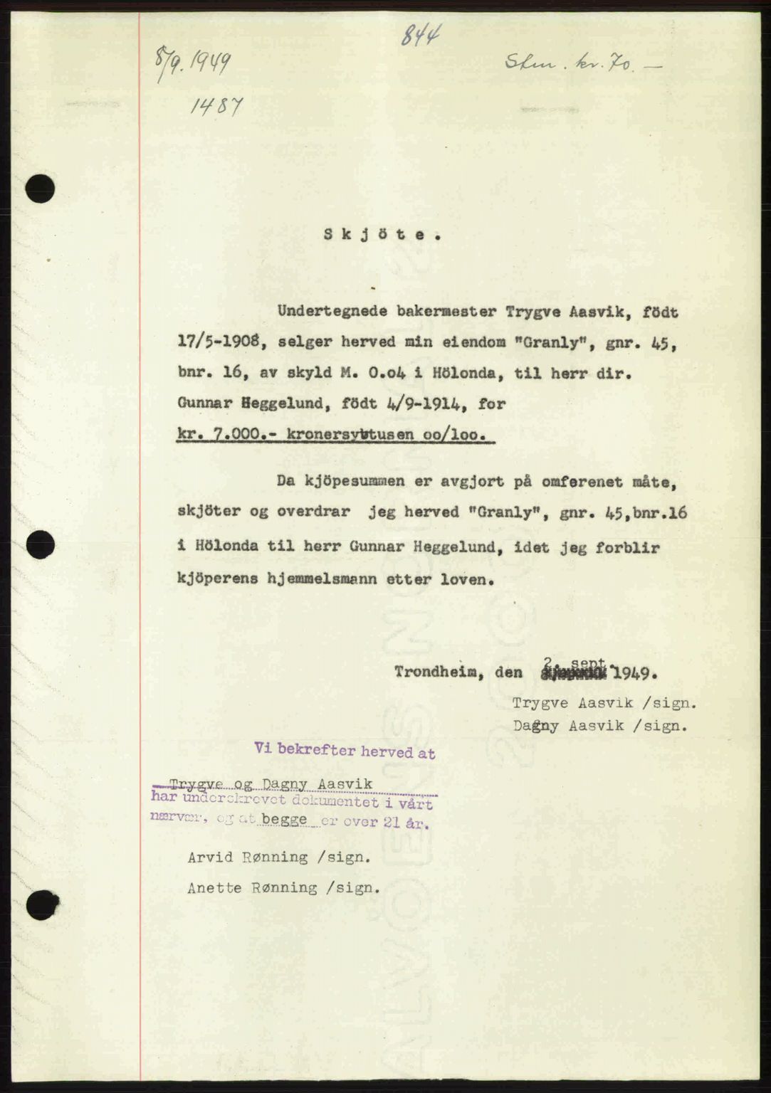 Gauldal sorenskriveri, SAT/A-0014/1/2/2C: Pantebok nr. A8, 1949-1949, Dagboknr: 1487/1949