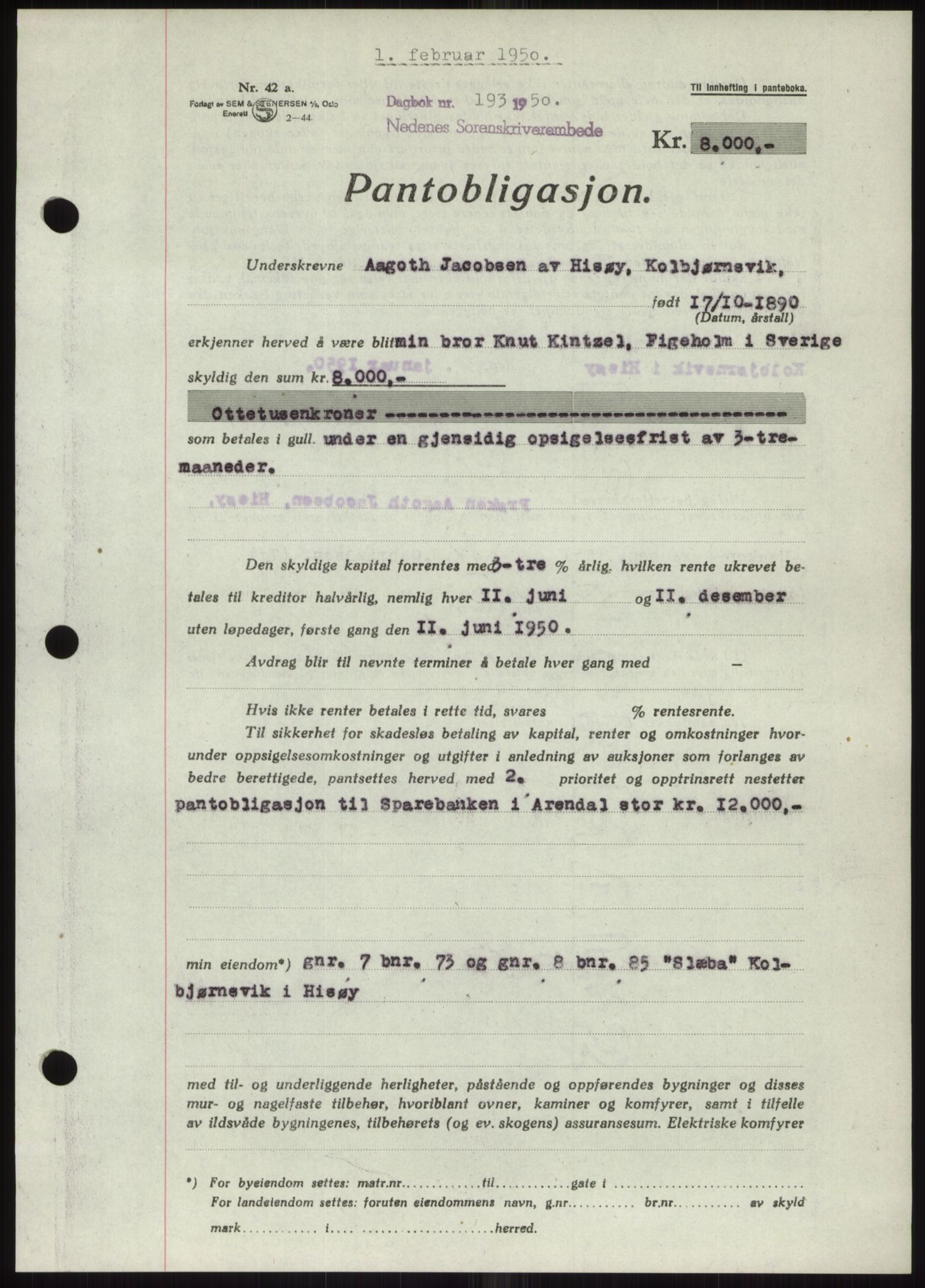 Nedenes sorenskriveri, SAK/1221-0006/G/Gb/Gbb/L0007: Pantebok nr. B7, 1949-1950, Dagboknr: 193/1950
