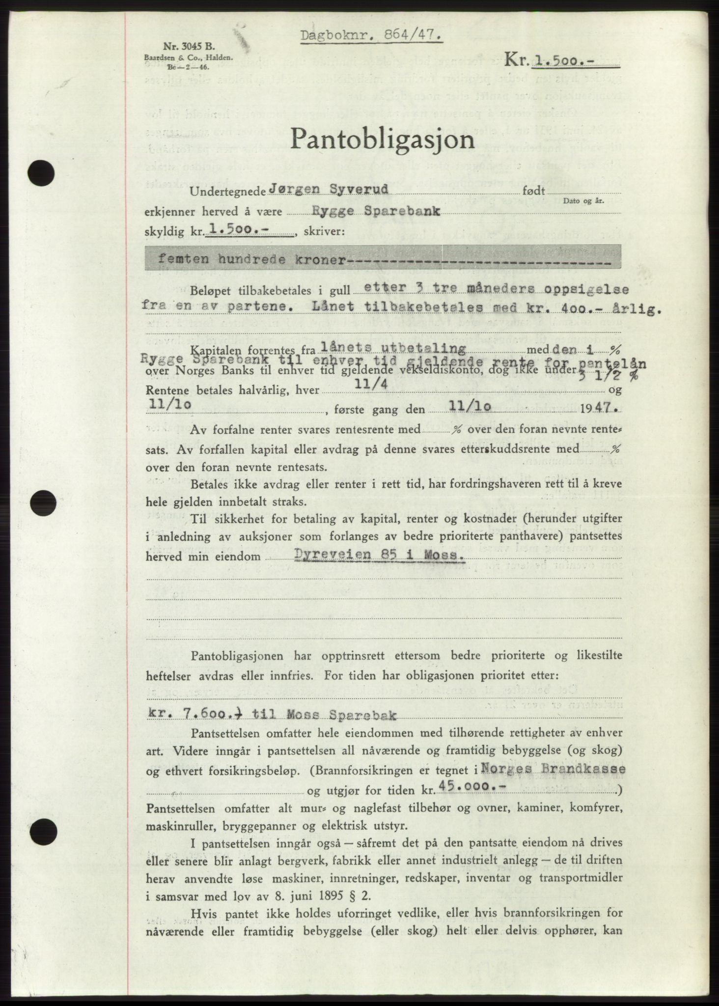 Moss sorenskriveri, SAO/A-10168: Pantebok nr. B17, 1947-1947, Dagboknr: 864/1947
