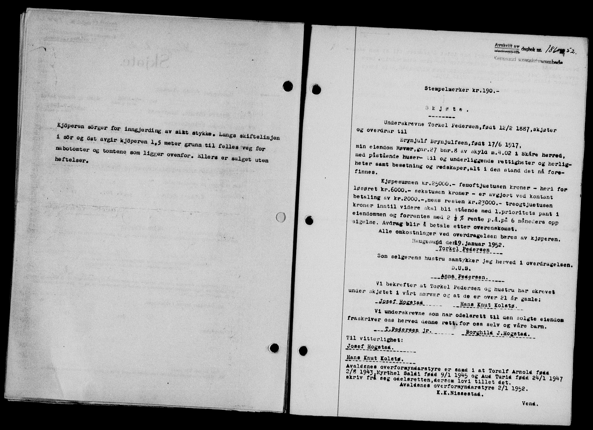 Karmsund sorenskriveri, SAST/A-100311/01/II/IIB/L0104: Pantebok nr. 84A, 1951-1952, Dagboknr: 186/1952