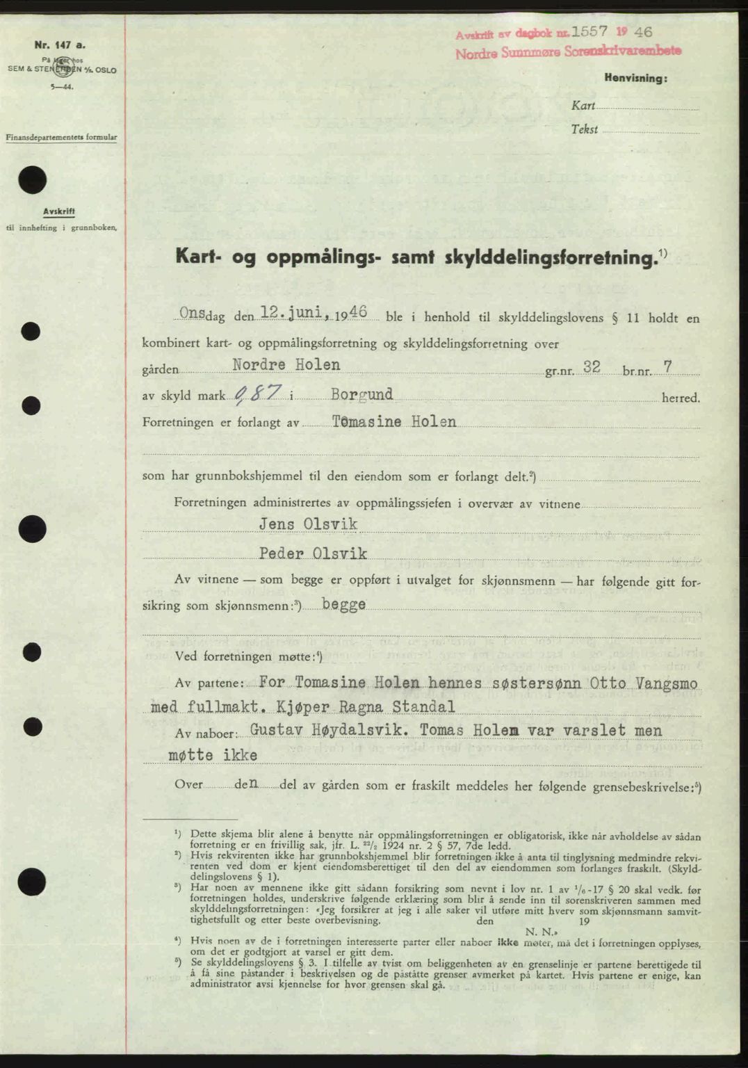 Nordre Sunnmøre sorenskriveri, SAT/A-0006/1/2/2C/2Ca: Pantebok nr. A22, 1946-1946, Dagboknr: 1557/1946