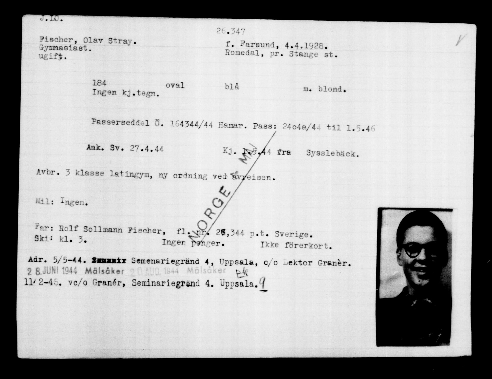 Utenriksstasjonene, Legasjonen i Stockholm, Flyktningkontoret, AV/RA-S-6753/V/Va/L0011: Kjesäterkartoteket, flyktninger med registreringsnr. 25300-28349, 1940-1945, s. 1104
