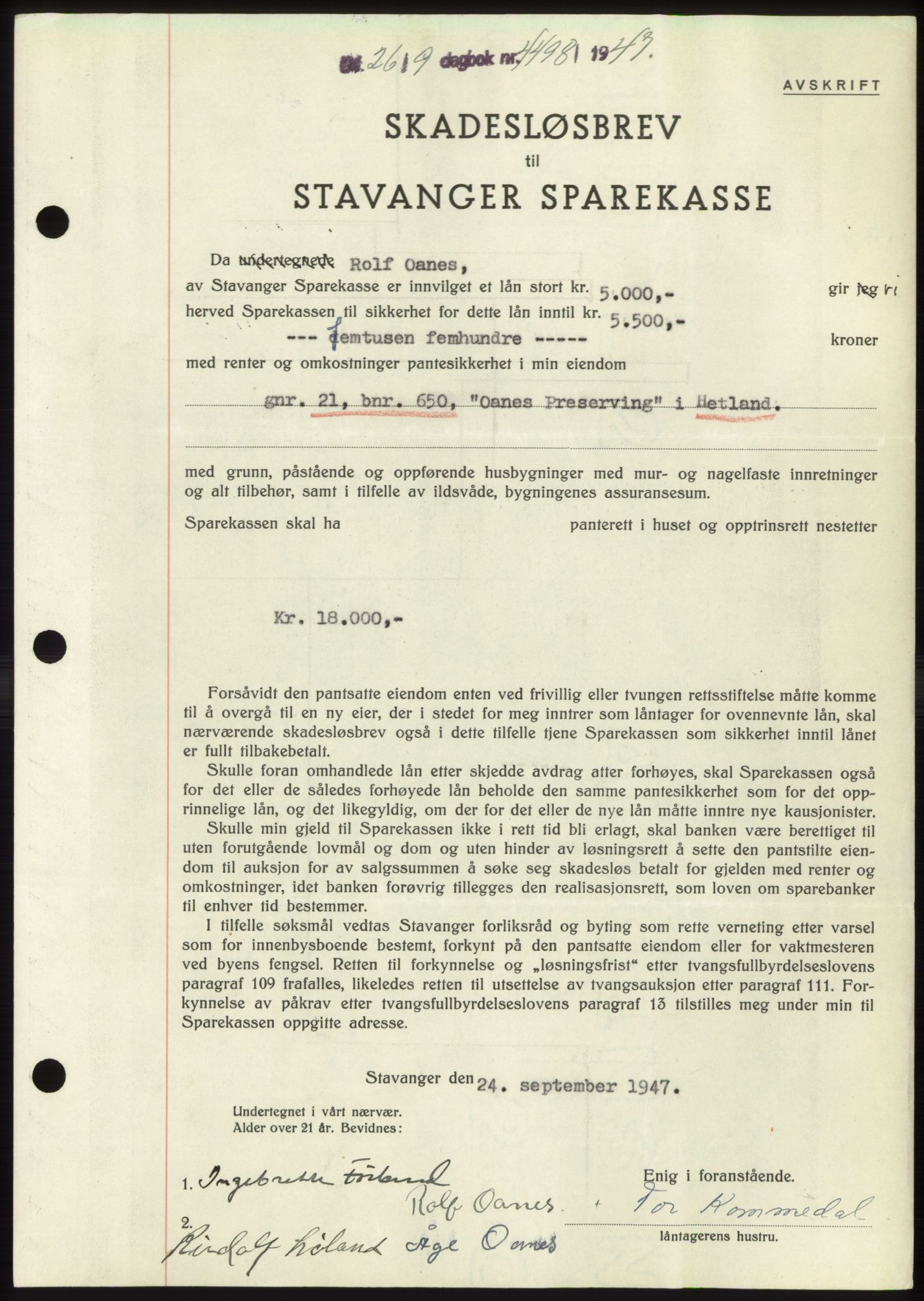 Jæren sorenskriveri, SAST/A-100310/03/G/Gba/L0096: Pantebok, 1947-1947, Dagboknr: 4498/1947