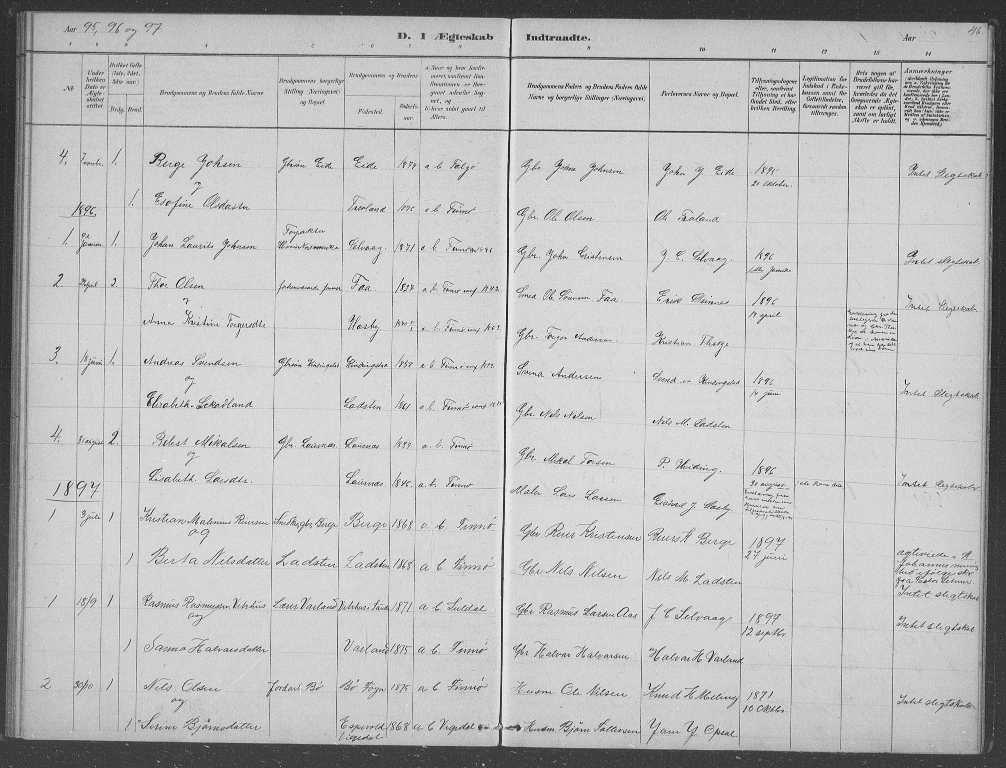 Finnøy sokneprestkontor, SAST/A-101825/H/Ha/Hab/L0003: Klokkerbok nr. B 3, 1879-1899, s. 46