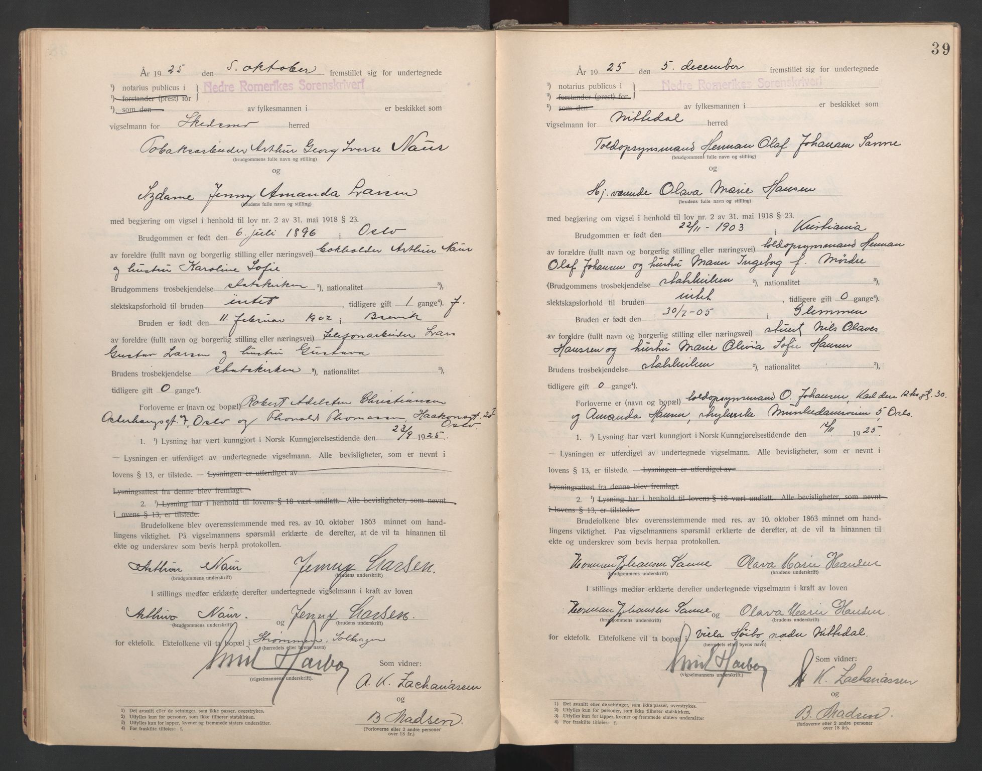 Nedre Romerike sorenskriveri, SAO/A-10469/L/Lb/L0001: Vigselsbok - borgerlige vielser, 1920-1935, s. 39
