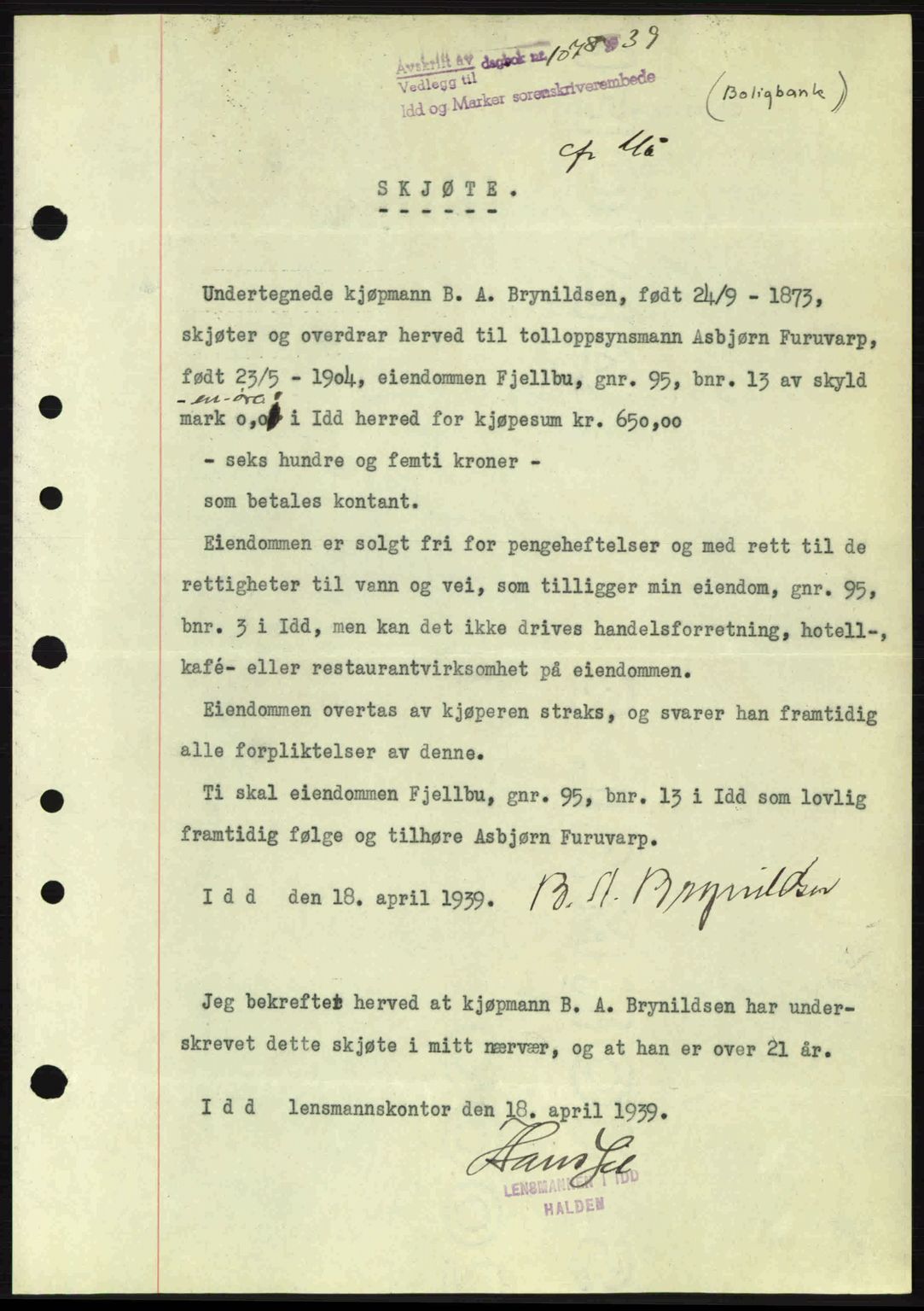 Idd og Marker sorenskriveri, AV/SAO-A-10283/G/Gb/Gbb/L0003: Pantebok nr. A3, 1938-1939, Dagboknr: 1078/1939